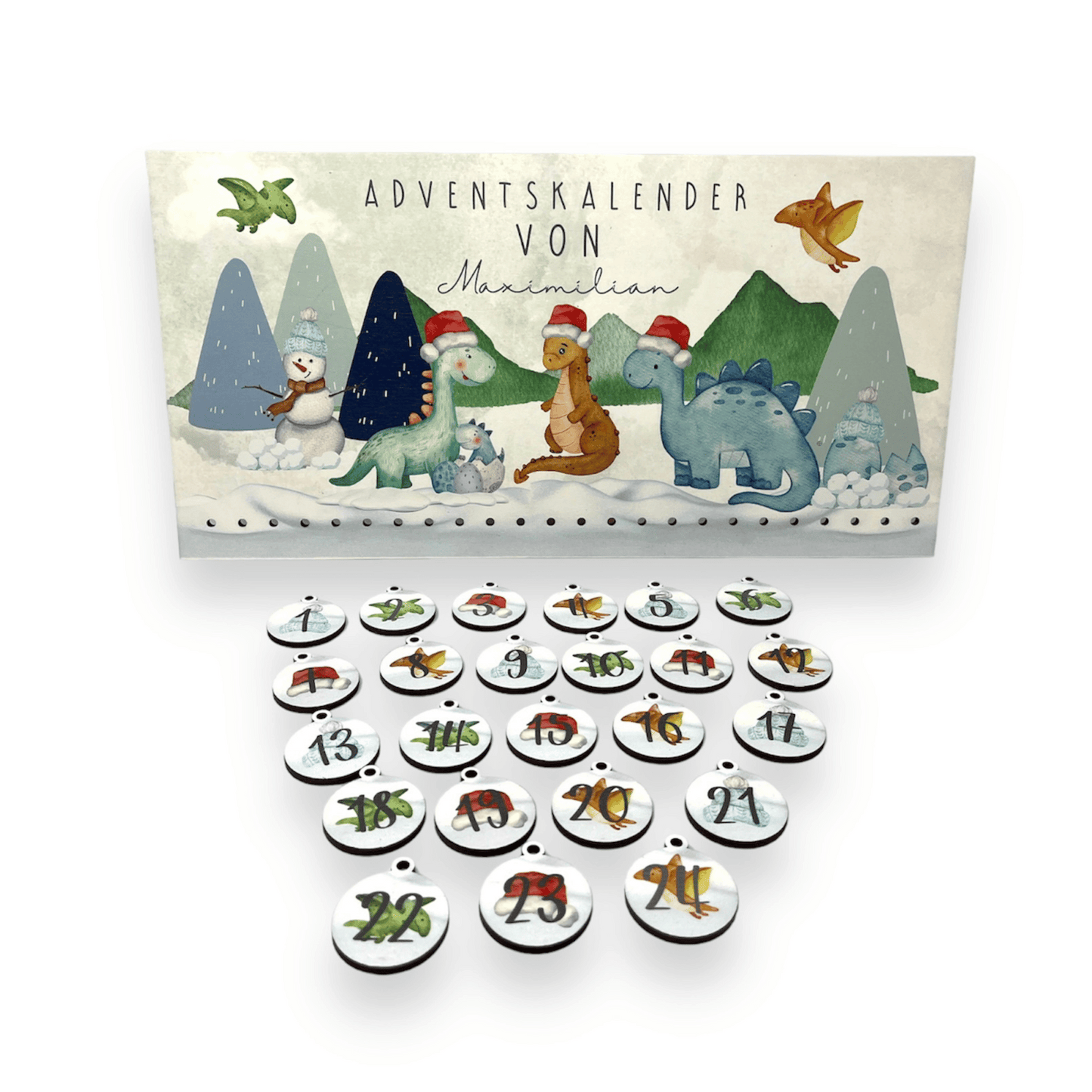 Adventskalender mit Wunschnamen - Schnee Dinos weihnachtlich
