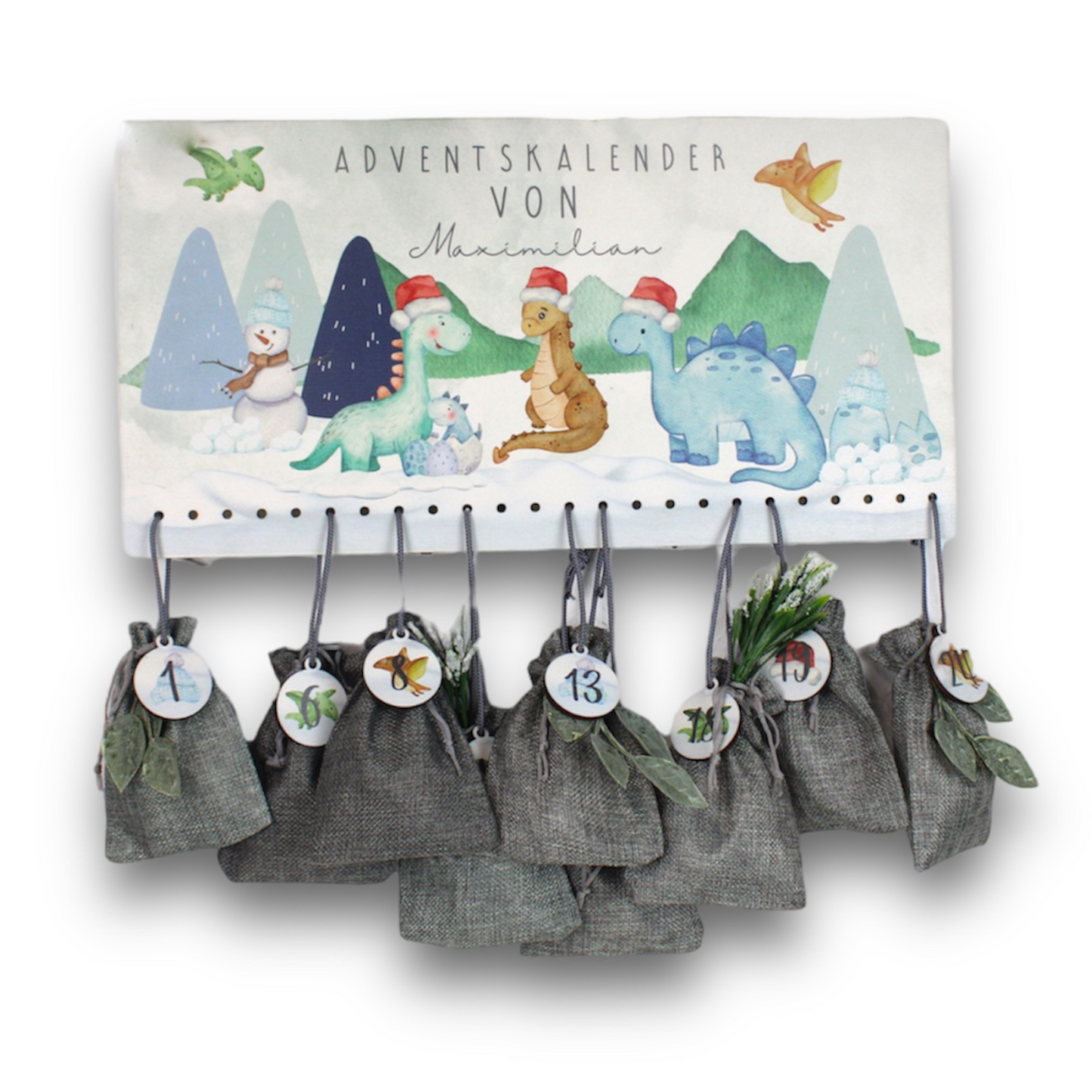 Adventskalender mit Wunschnamen - Schnee Dinos weihnachtlich