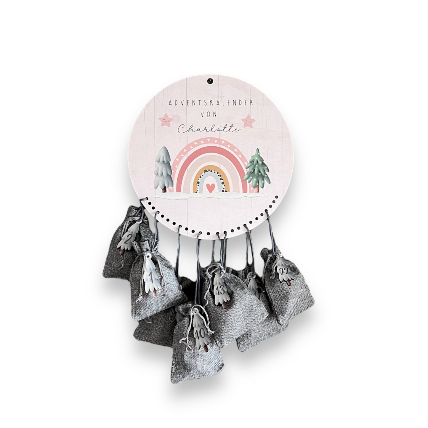 Adventskalender RUND mit Wunschnamen - Regenbogen rosa