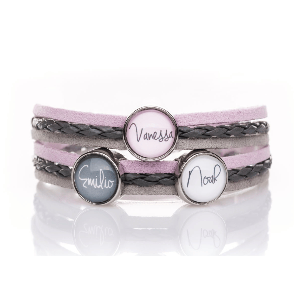 Wickelarmband rosa grau mit drei Schiebeperlen mit Wunschtext