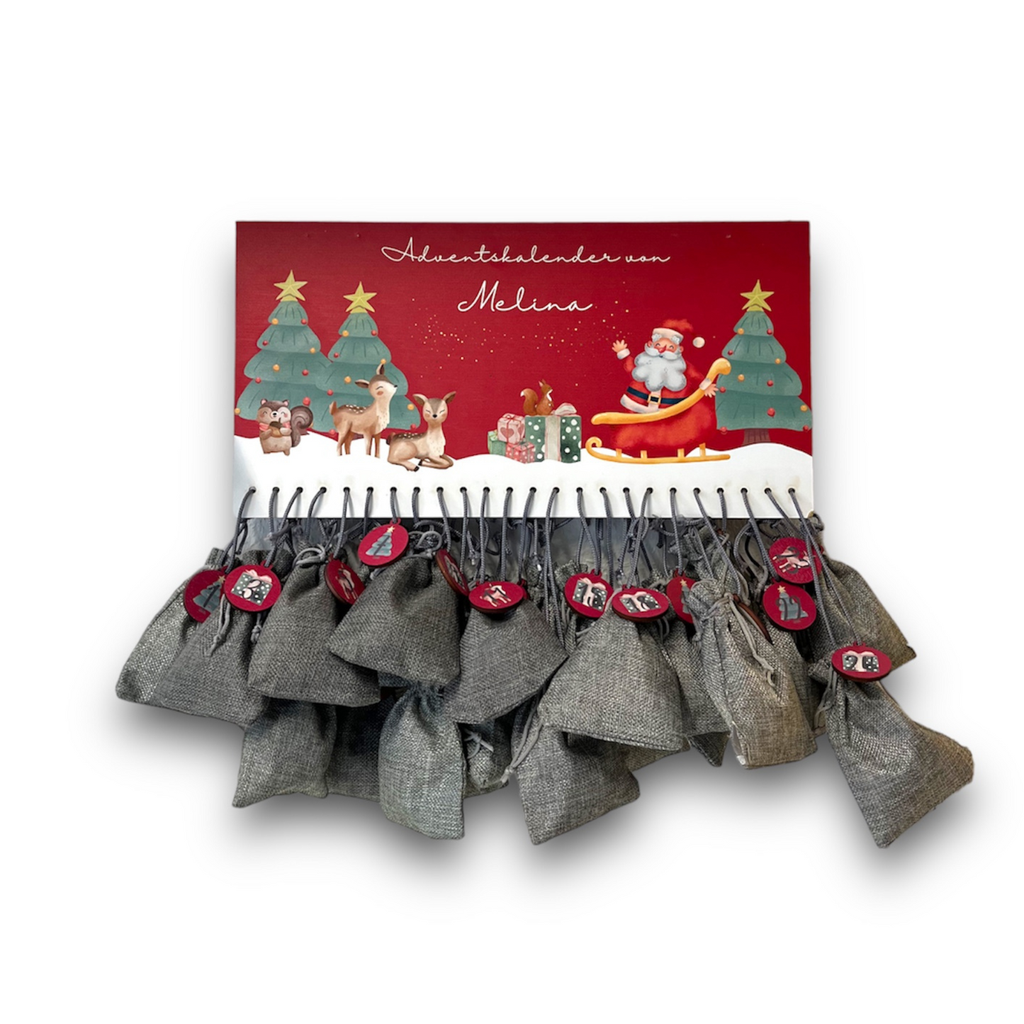 Adventskalender mit Wunschnamen - Weihnachtsmann rot