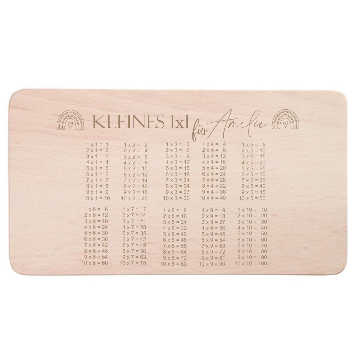 Frühstücksbrett Holz - Kleines 1x1 mit Regenbogen und Wunschgravur