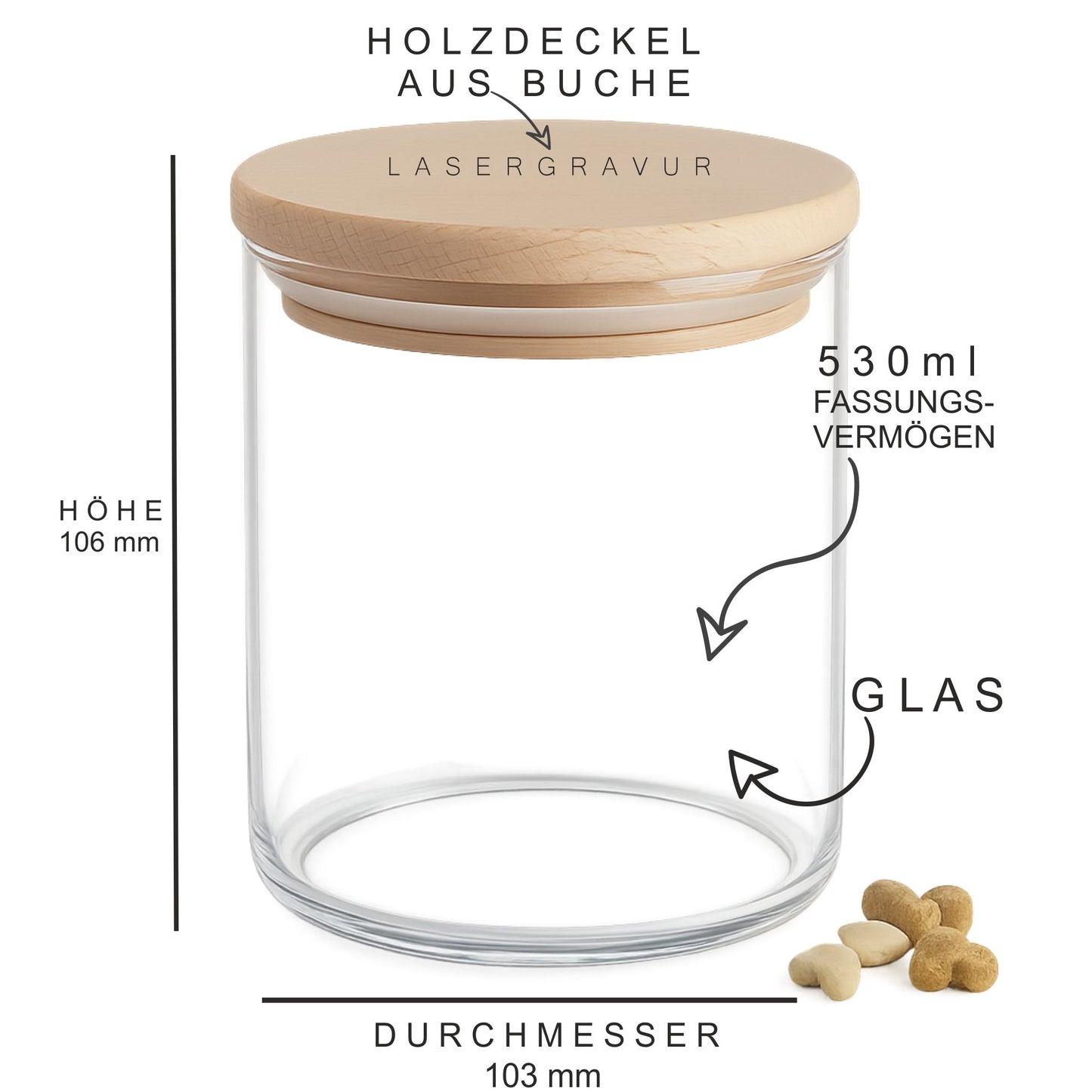 Leckerliglas Hund mit Gravur 530 ml– Vorratsglas mit Holzdeckel Hundepfote Strich & Wunschtext
