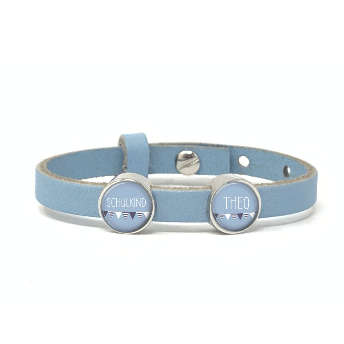 Lederarmband einfach hellblau Schulkind und Wimpel Wunschtext 2 Schiebeperlen