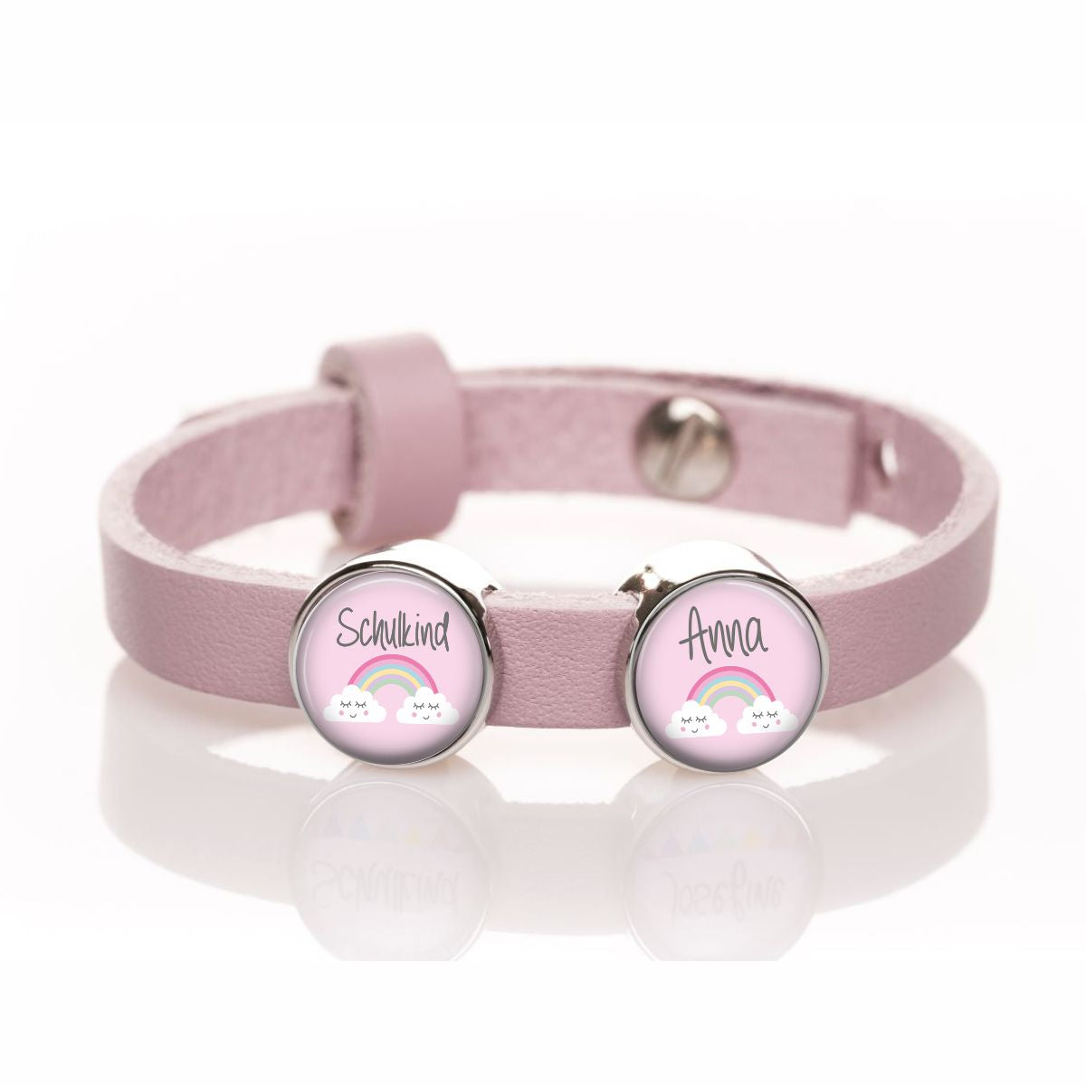 Lederarmband einfach rosa Schulkind und Regenbogen Wunschtext 2 Schiebeperle