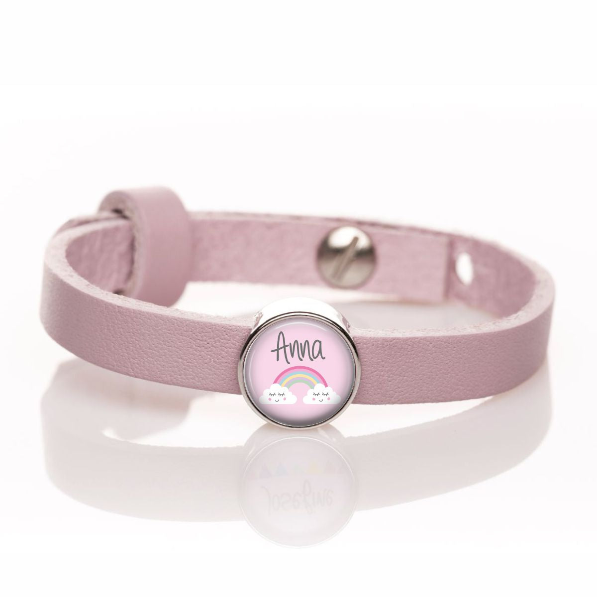 Lederarmband einfach rosa mit Regenbogen Wunschtext und Holzkarte