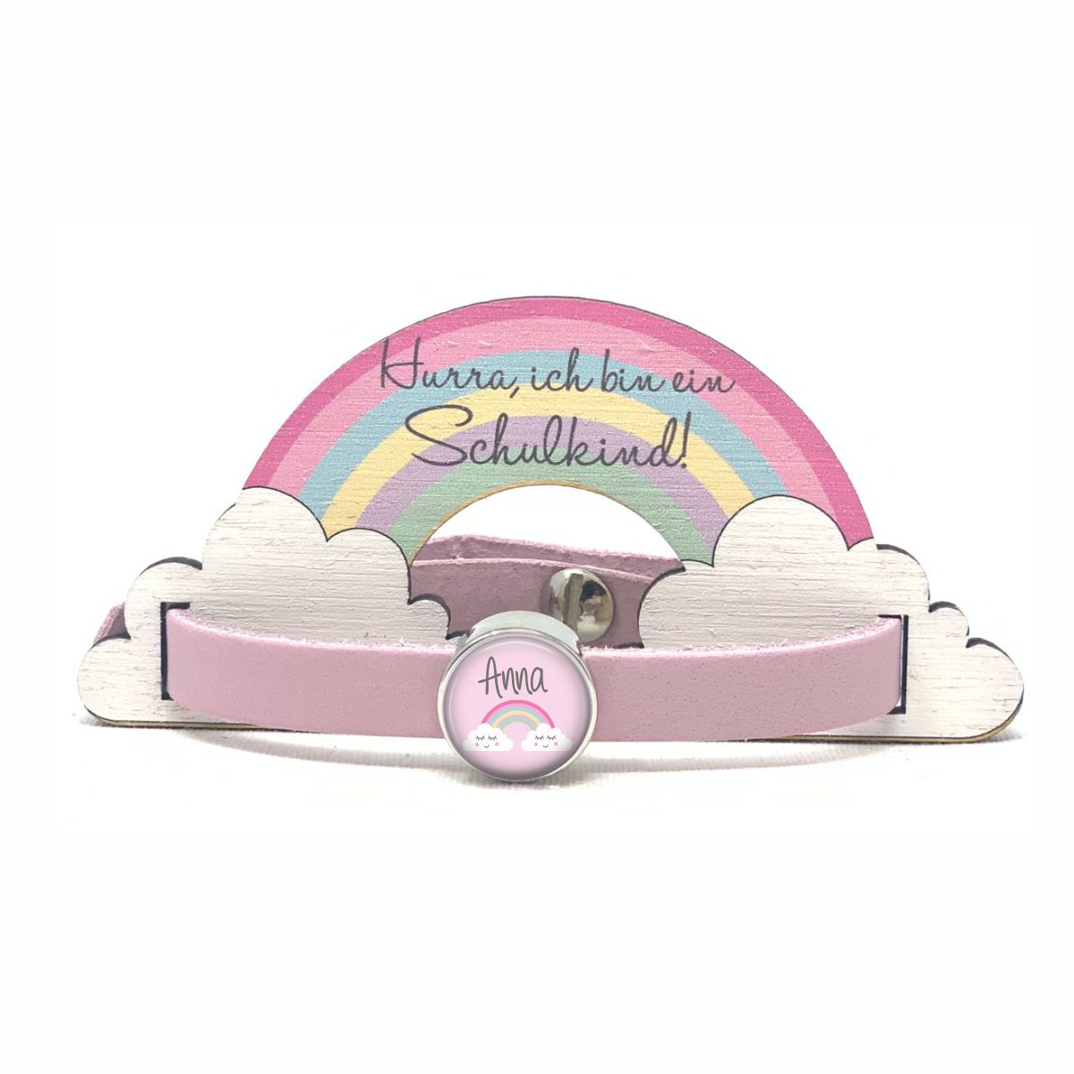 Lederarmband einfach rosa mit Regenbogen Wunschtext und Holzkarte