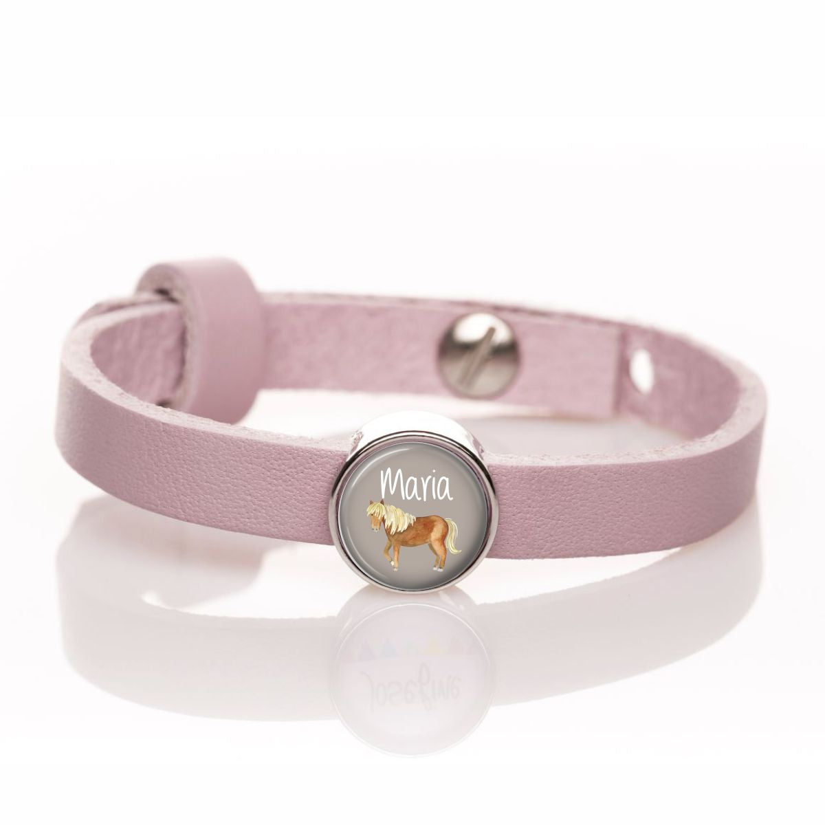Lederarmband einfach rosa mit Pferd beige und Wunschtext