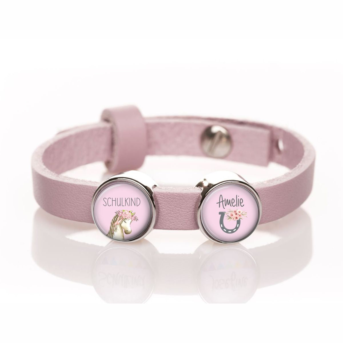 Lederarmband einfach rosa Schulkind und mit Pferd und Hufeisen Wunschtext 2 Schiebeperle