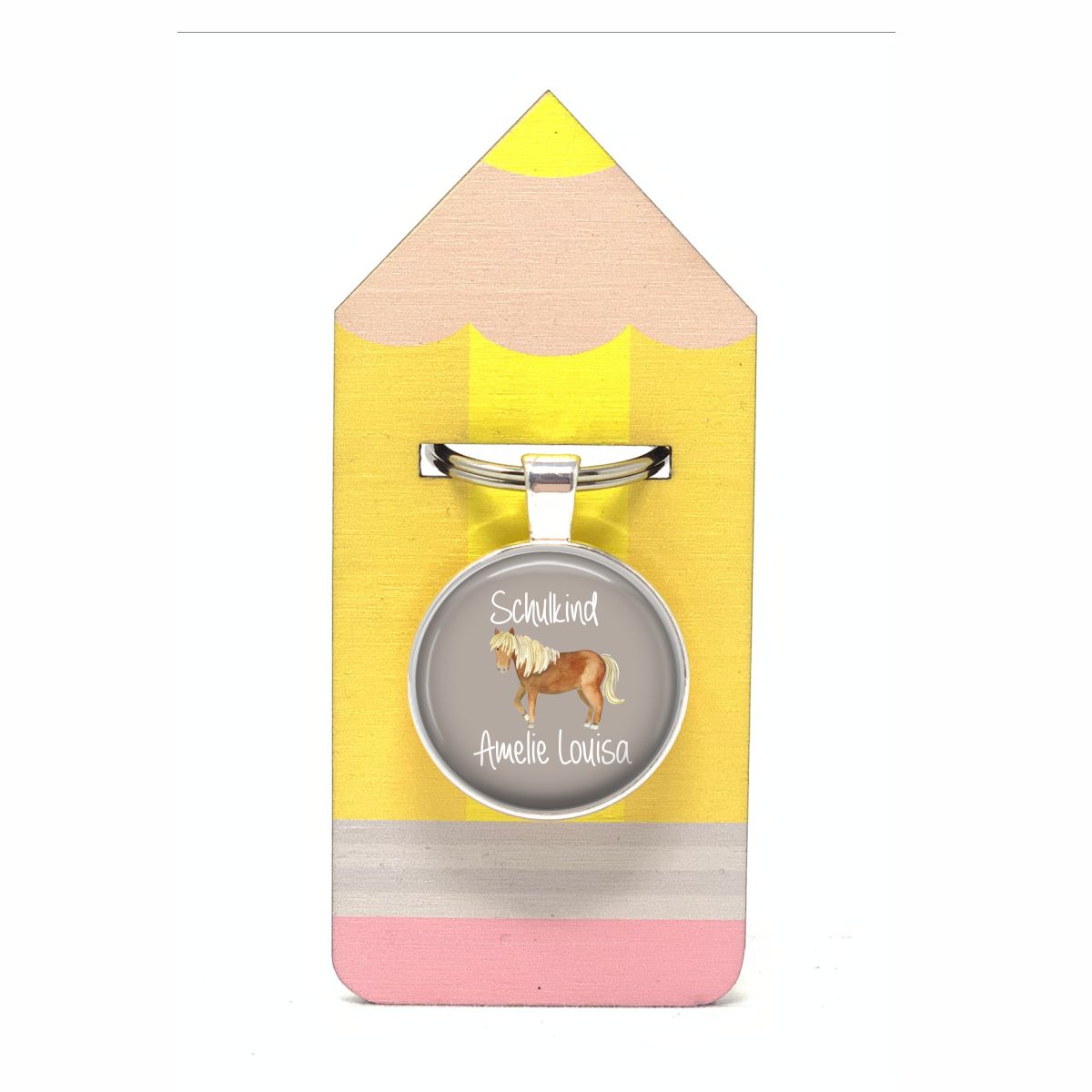 Schlüsselanhänger SCHULKIND Pferd beige mit Wunschtext mit Holzkarte Stift