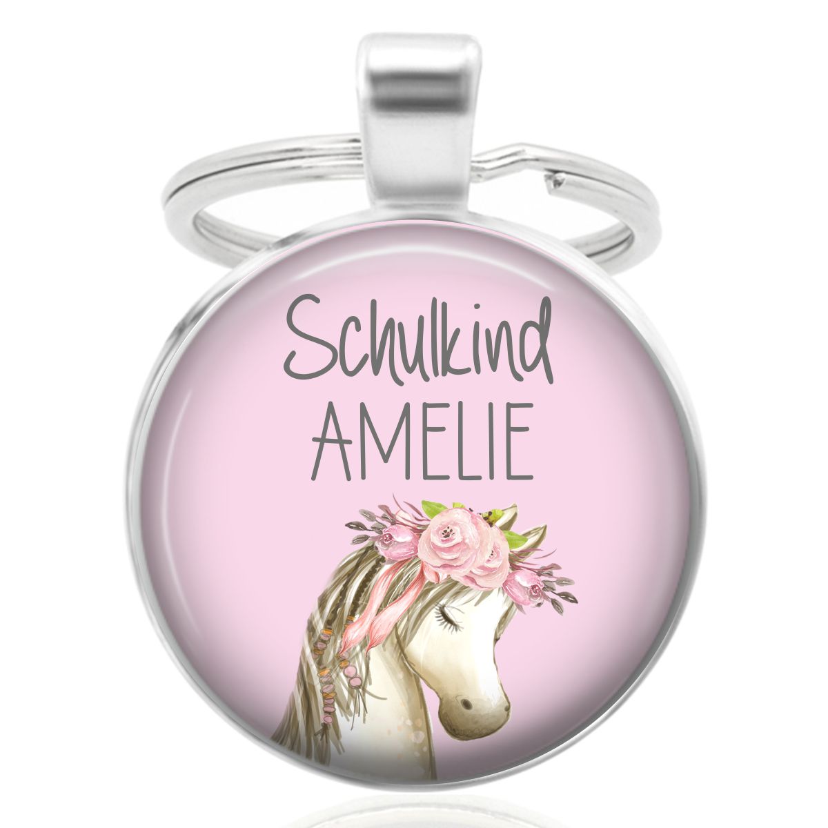 Schlüsselanhänger SCHULKIND Pferd rosa mit Blumen mit Wunschtext & Holzkarte Stift