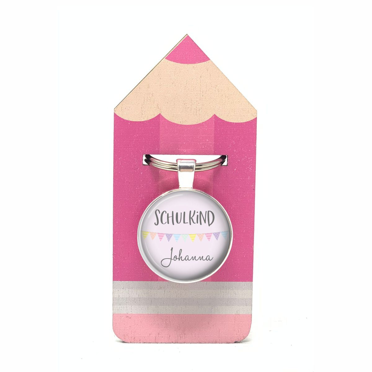 Schlüsselanhänger SCHULKIND rosa Wimpel mit Wunschtext - mit Holzkarte Stift