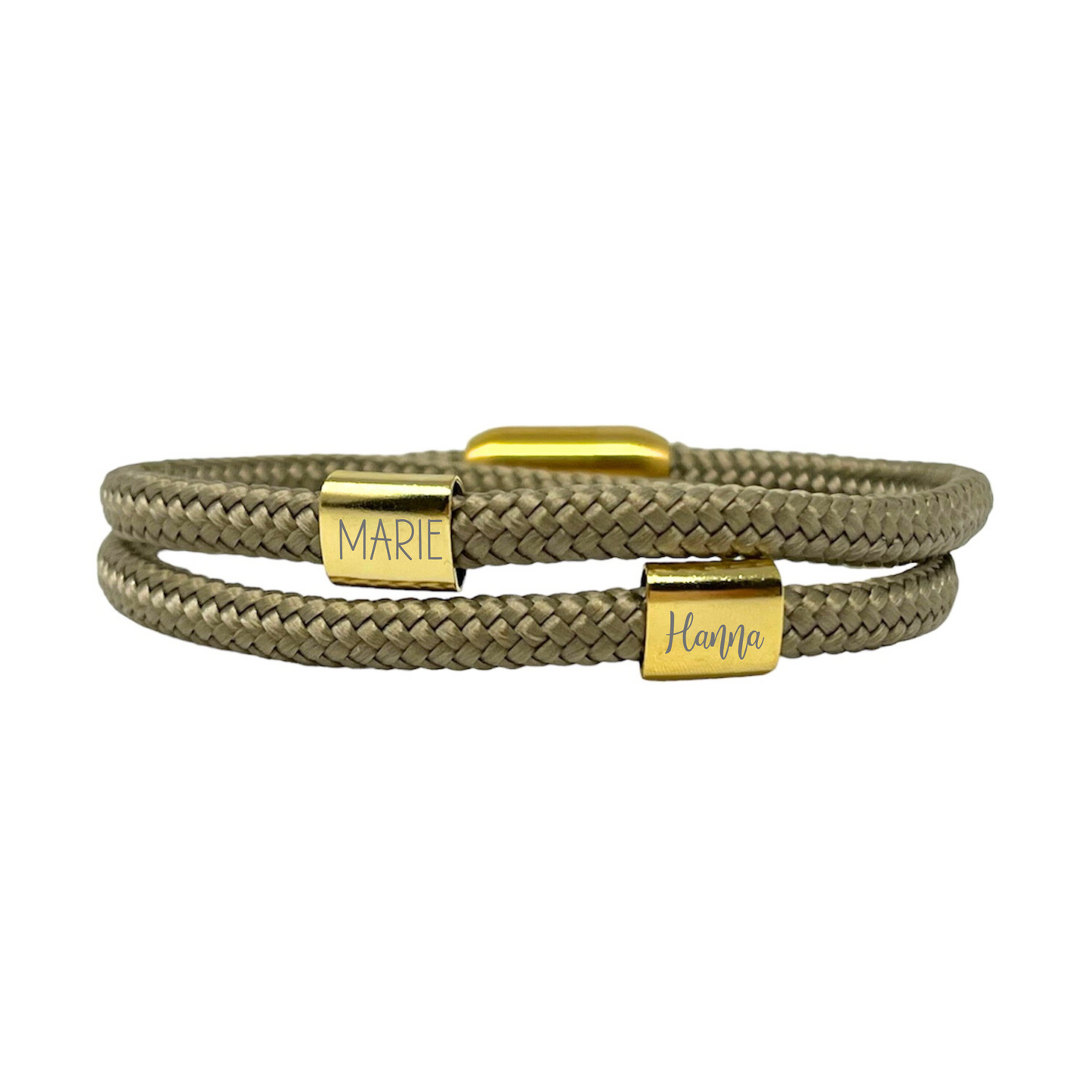 Segelseilarmband taupe mit zwei Wunschtextperlen GOLD