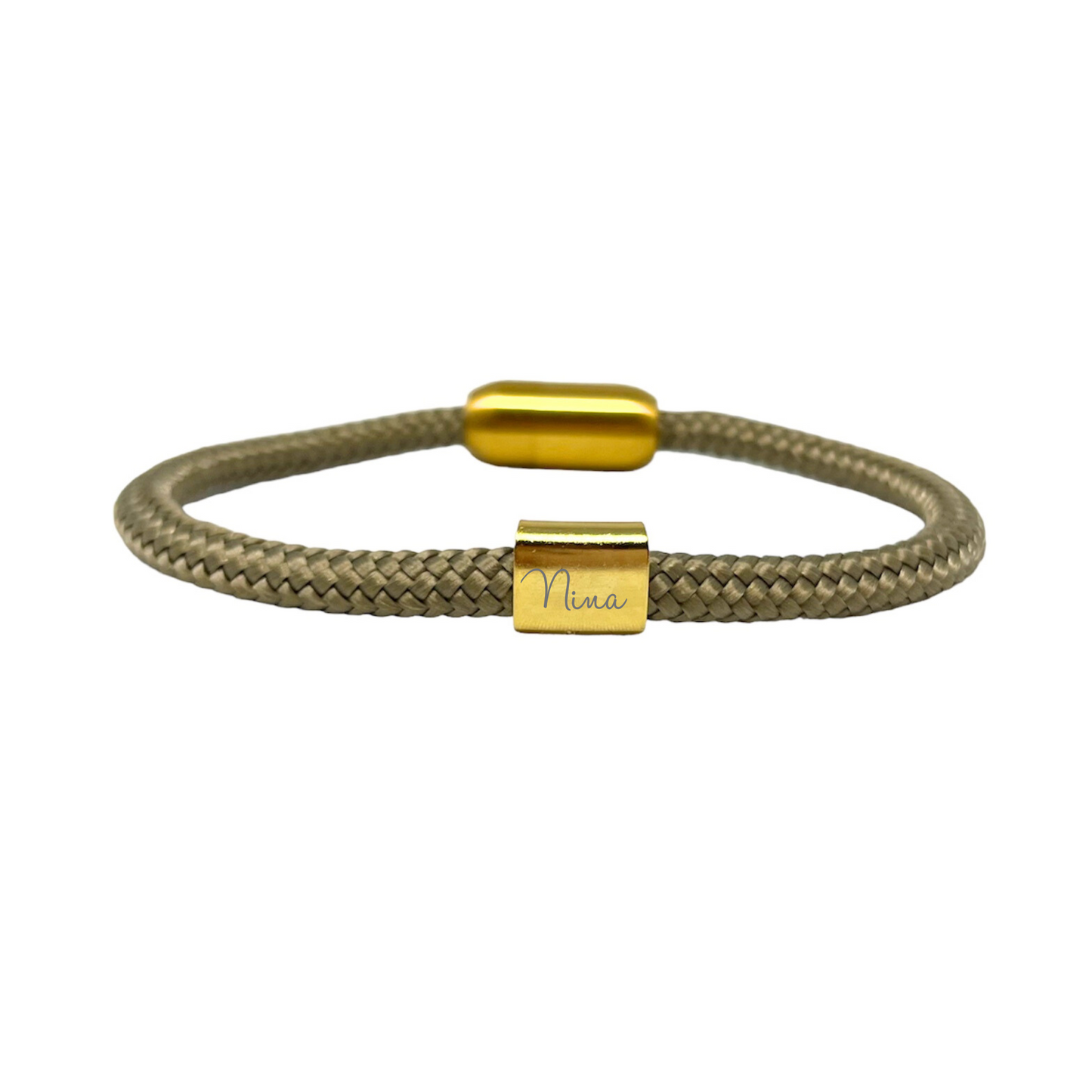 Segelseilarmband einfach taupe mit Wunschtextperle GOLD