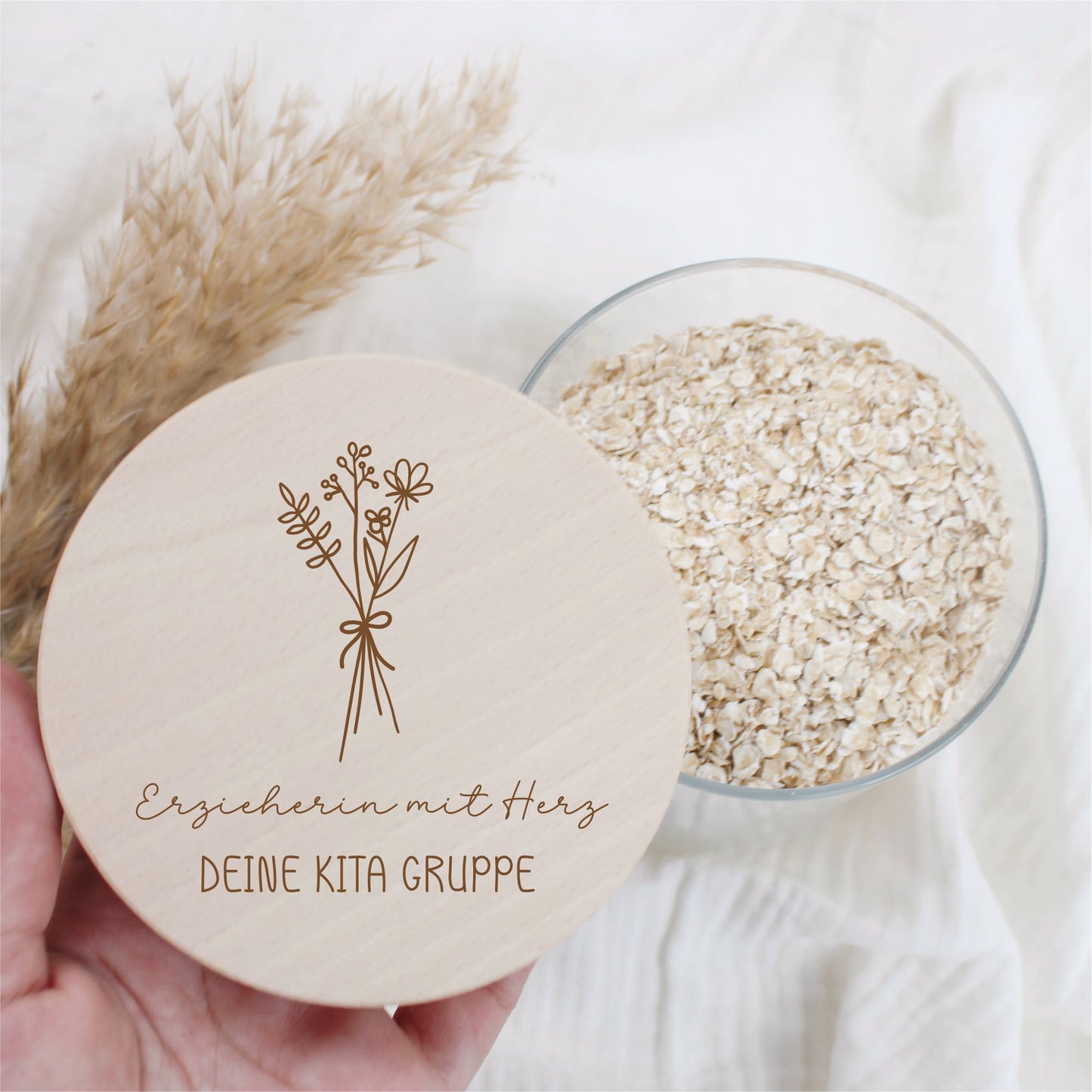 Vorratsglas 530ml mit Holzdeckel - mit Blumenstrauß und Wunschtext