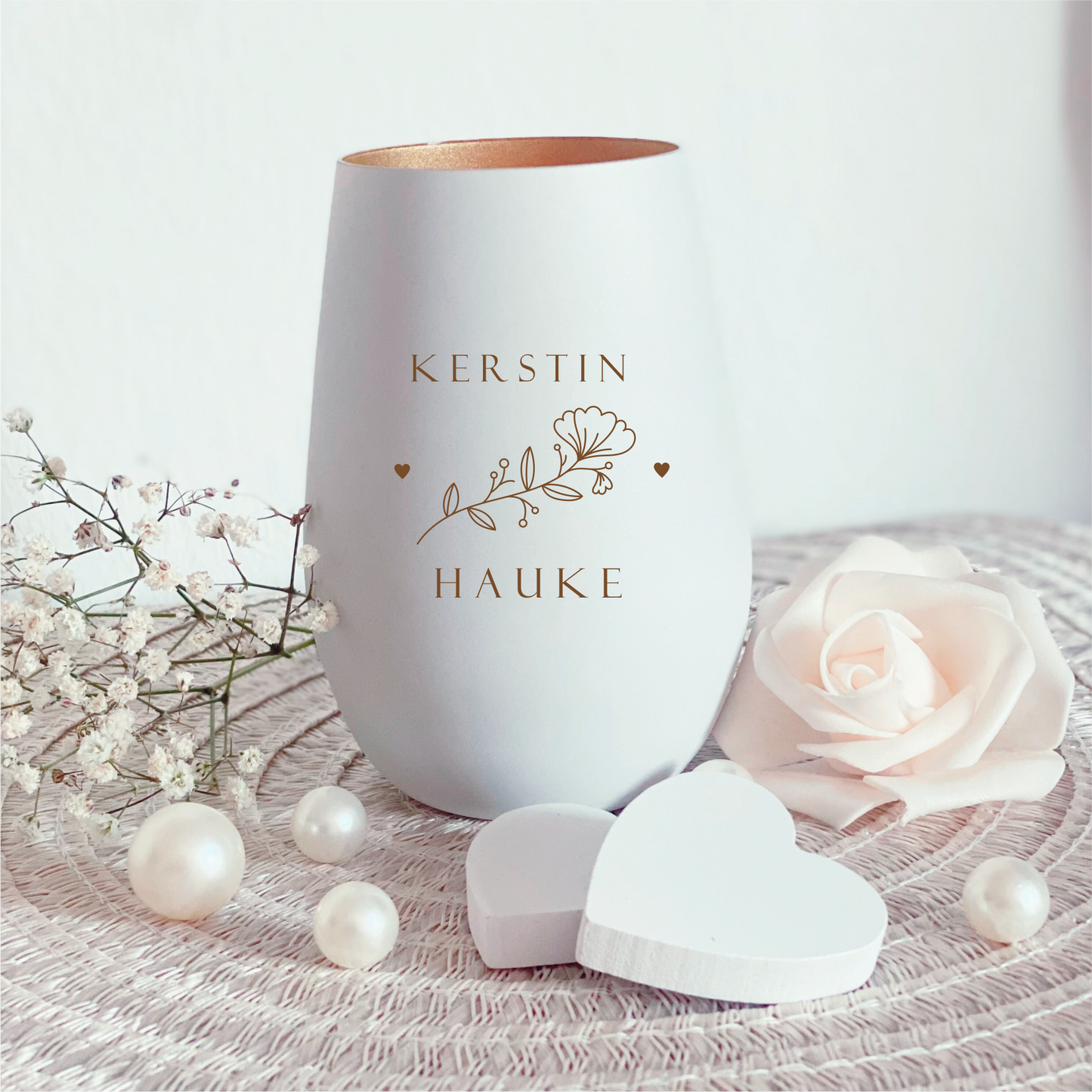 Windlicht Blumen mit Herzen und Wunschtext