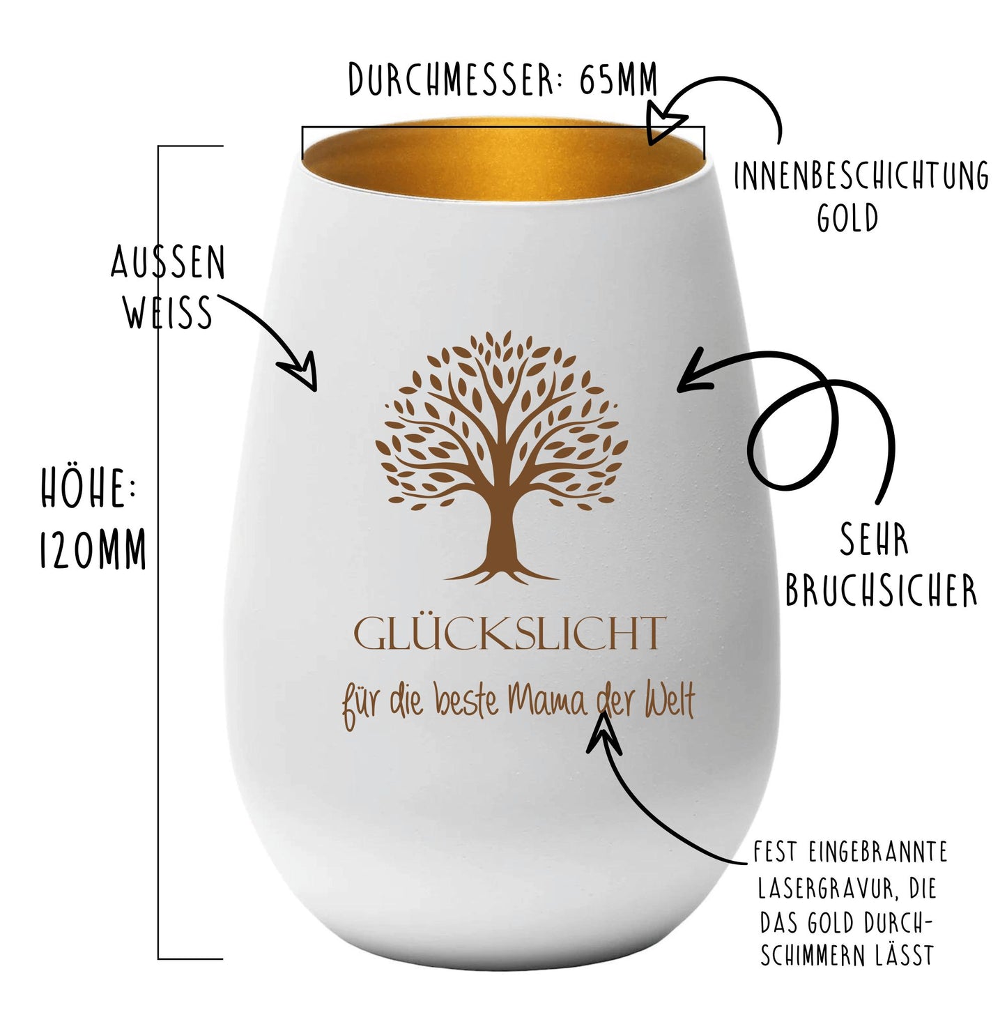 Windlicht weiß gold Lebensbaum mit deinem Wunschtext