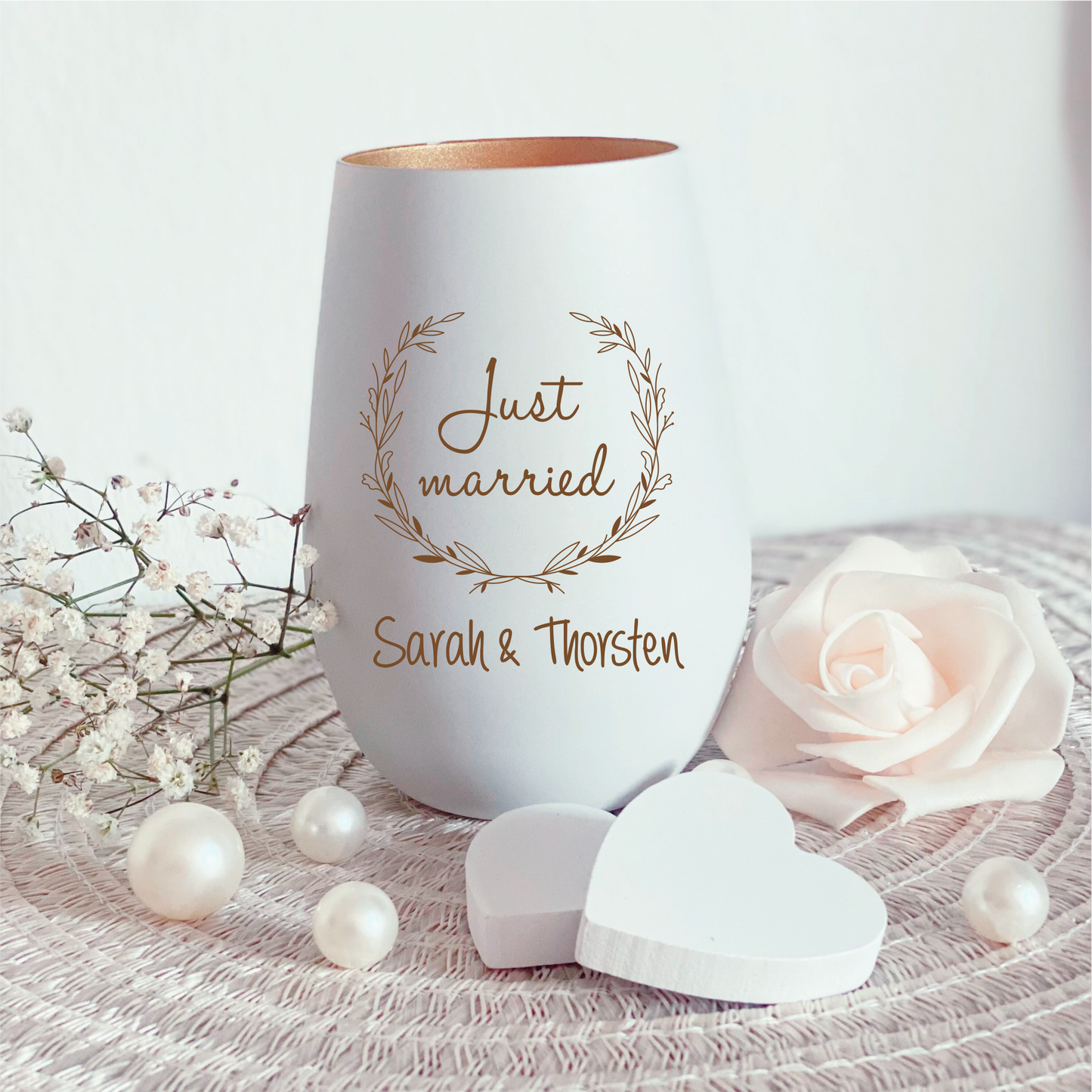 Windlicht just married mit Wunschtext