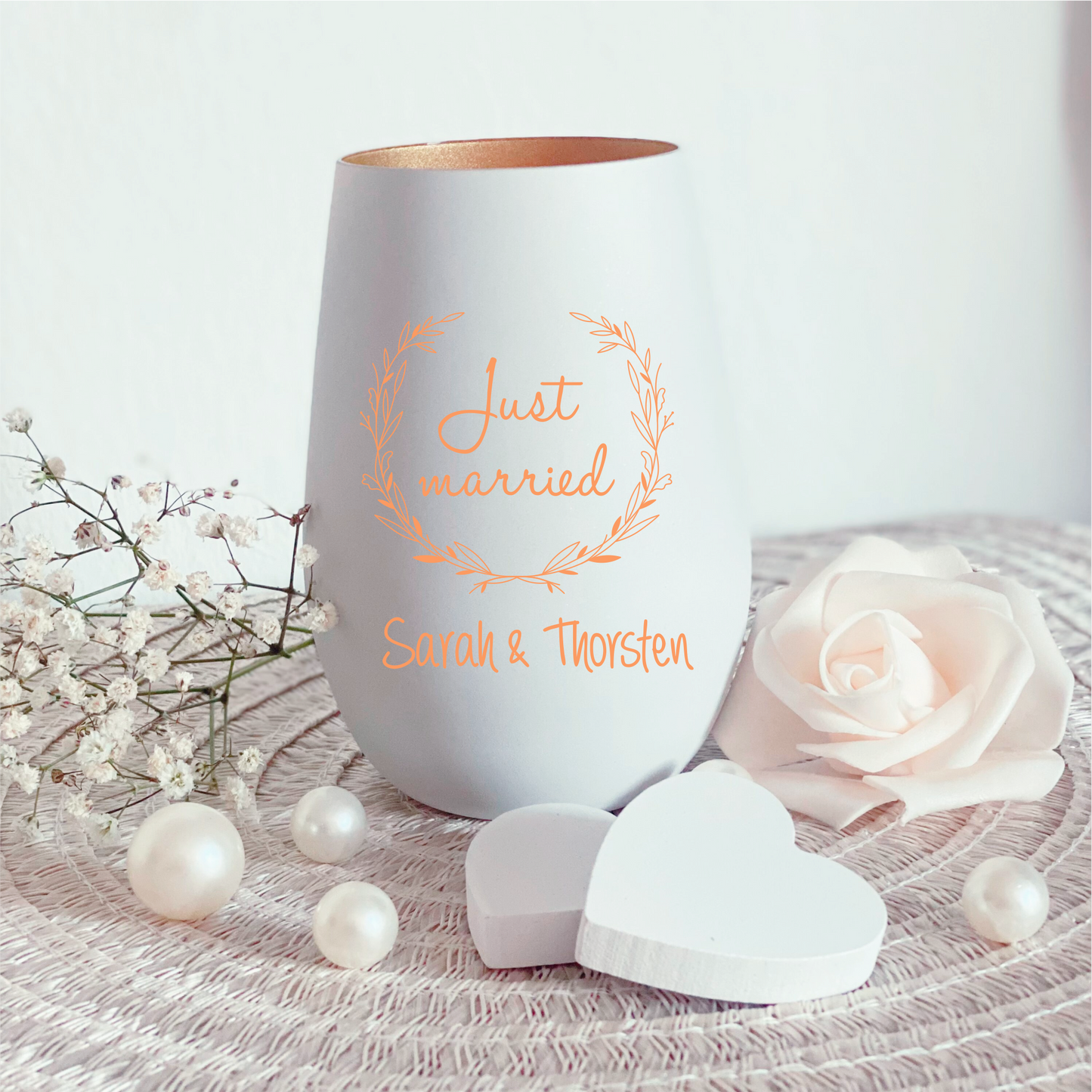 Windlicht just married mit Wunschtext