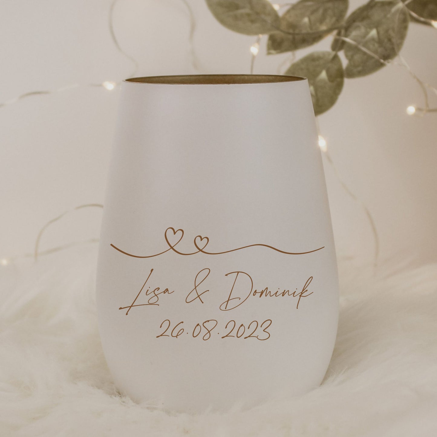 Windlicht zwei Herzen mit Wunschtext