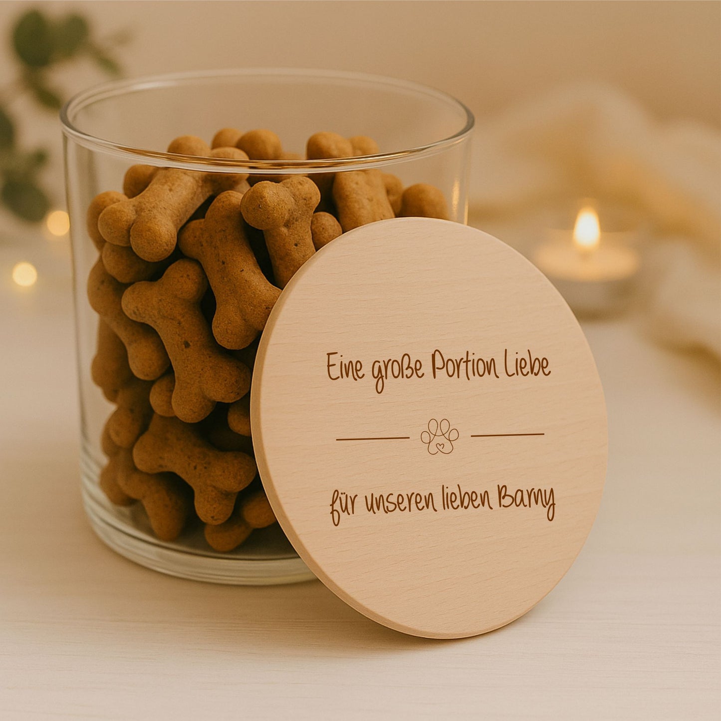 Leckerliglas Hund mit Gravur 530 ml– Vorratsglas mit Holzdeckel Hundepfote Strich & Wunschtext