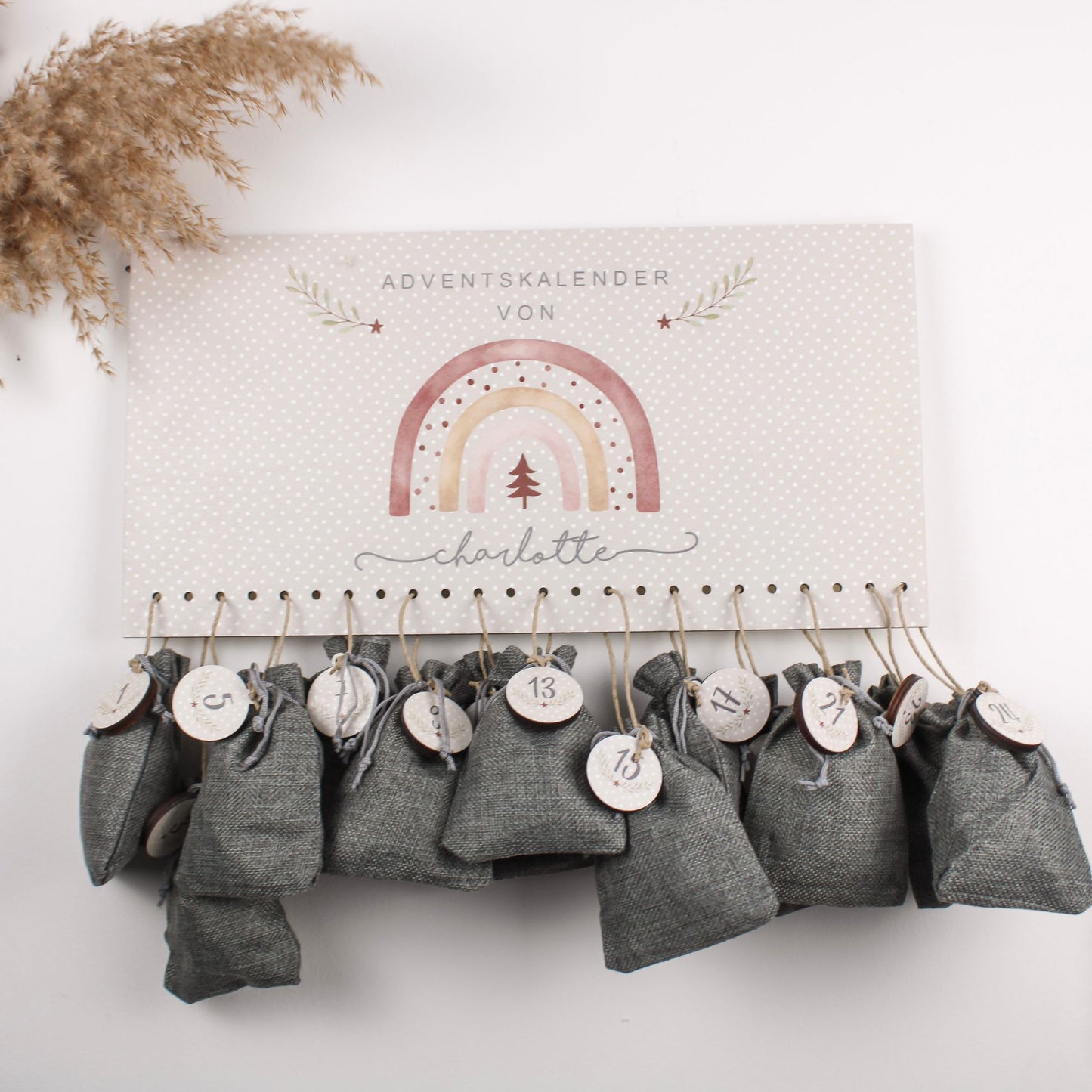 Adventskalender mit Wunschnamen - Regenbogen rosa