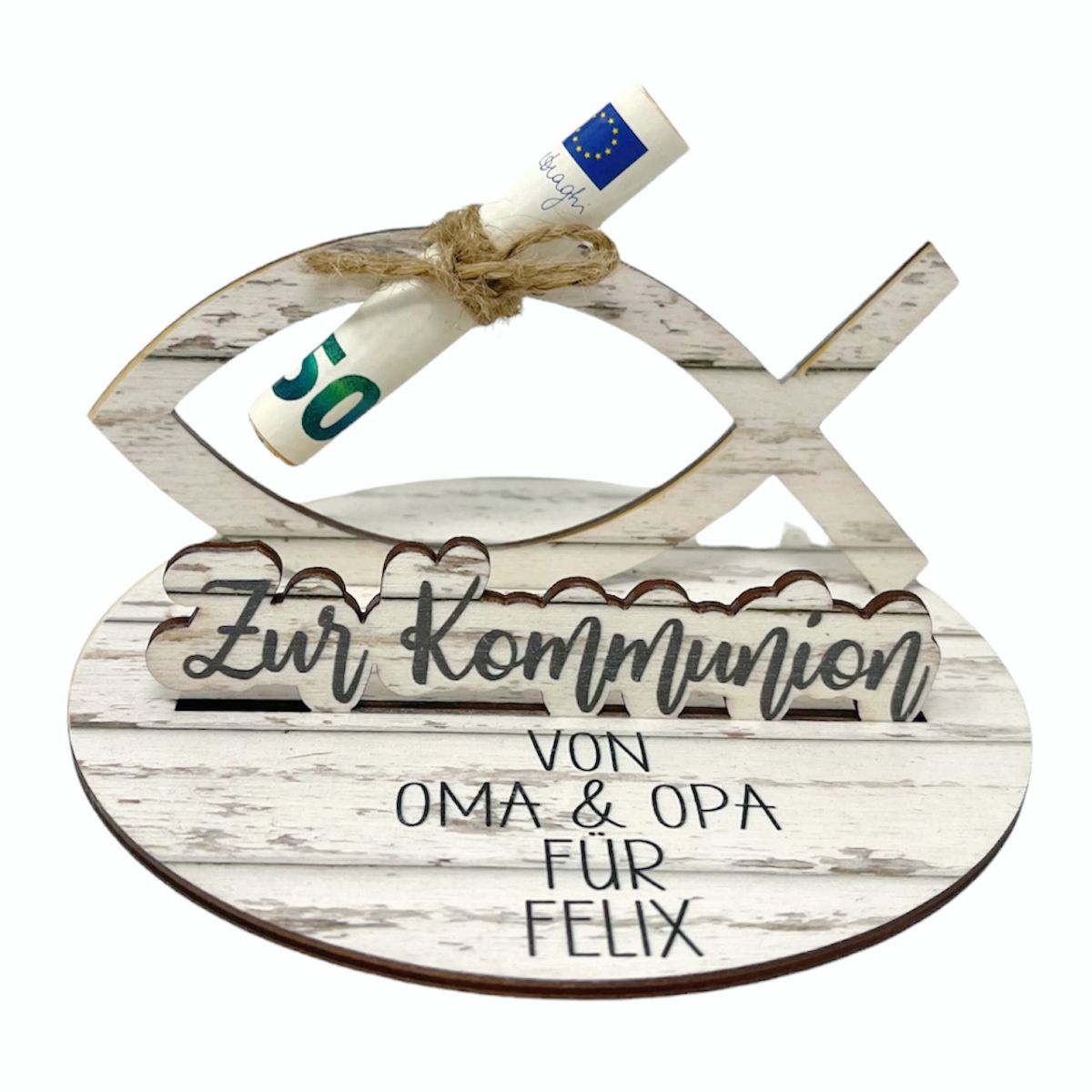 Geldgeschenk Fisch zur Konfirmation/ Kommunion mit Wunschtext