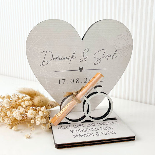 Geldgeschenk zur Hochzeit aus Holz bedruckt mit Wunschtext