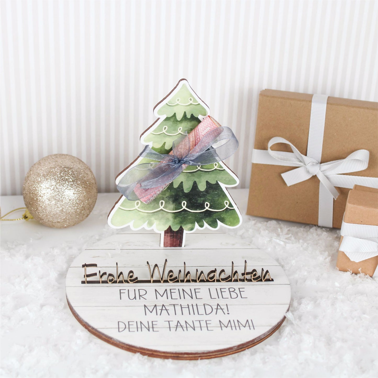 Geldgeschenk zu Weihnachten aus Holz bedruckt mit Wunschtext
