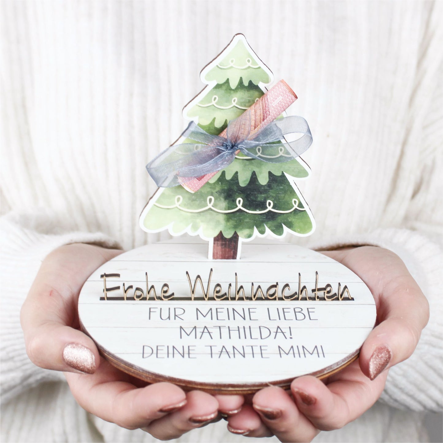 Geldgeschenk zu Weihnachten aus Holz bedruckt mit Wunschtext