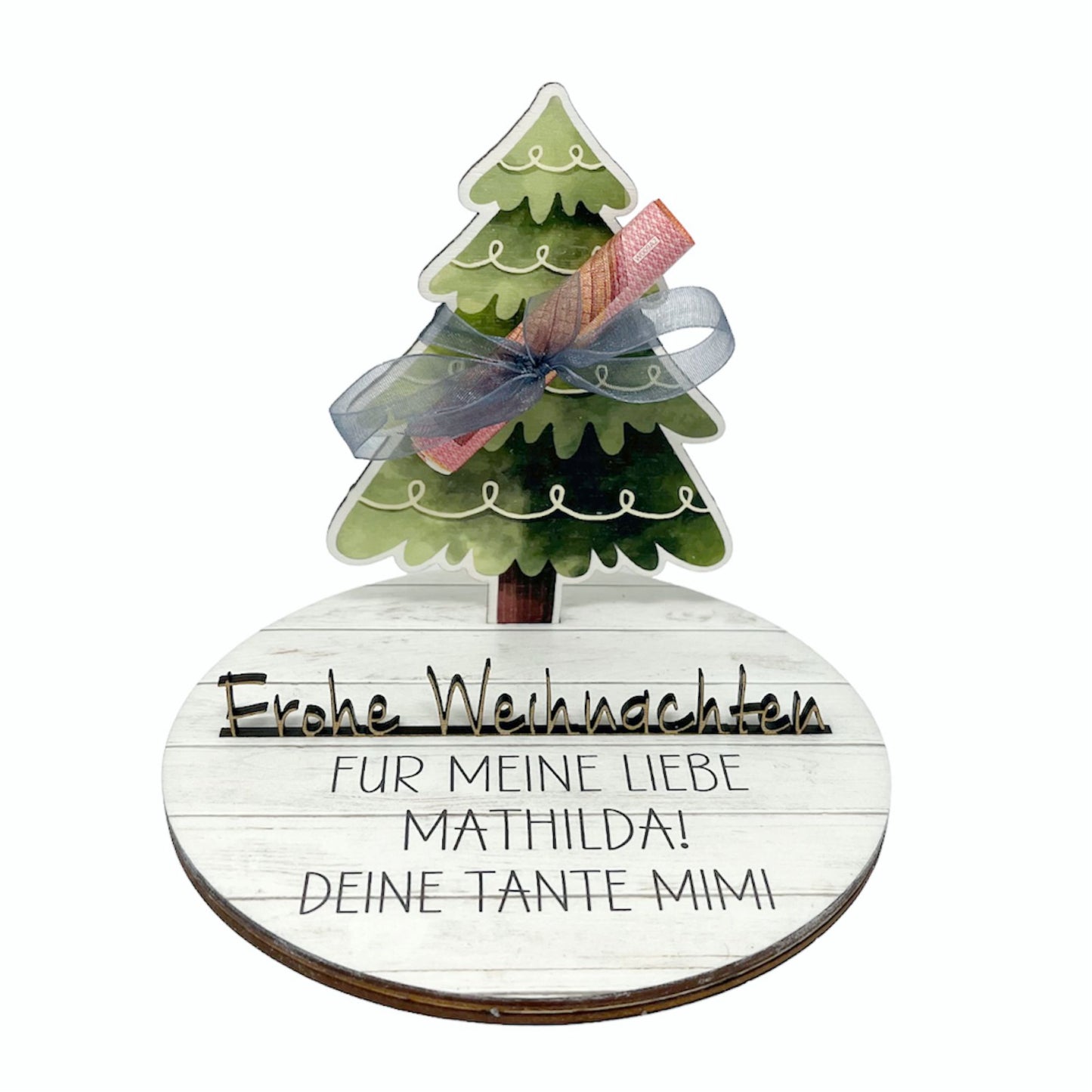 Geldgeschenk zu Weihnachten aus Holz bedruckt mit Wunschtext