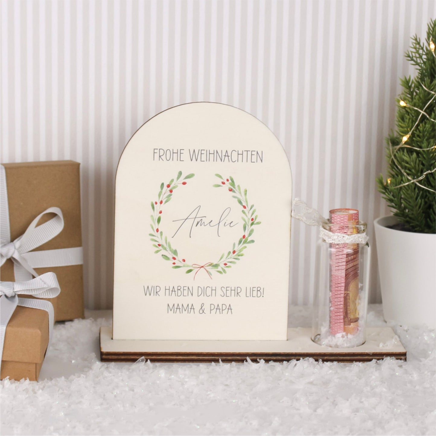 Geldgeschenk zu Weihnachten aus Holz bedruckt mit Gläschen und Wunschtext