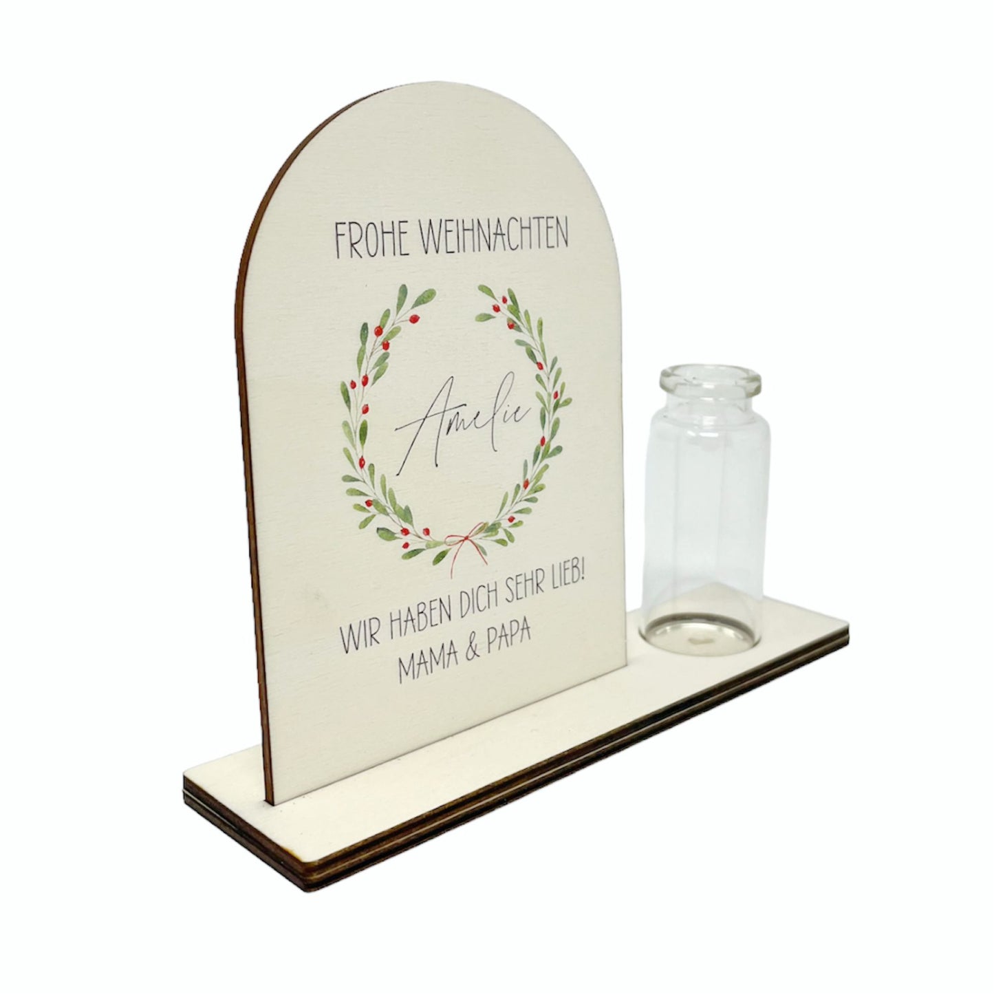 Geldgeschenk zu Weihnachten aus Holz bedruckt mit Gläschen und Wunschtext