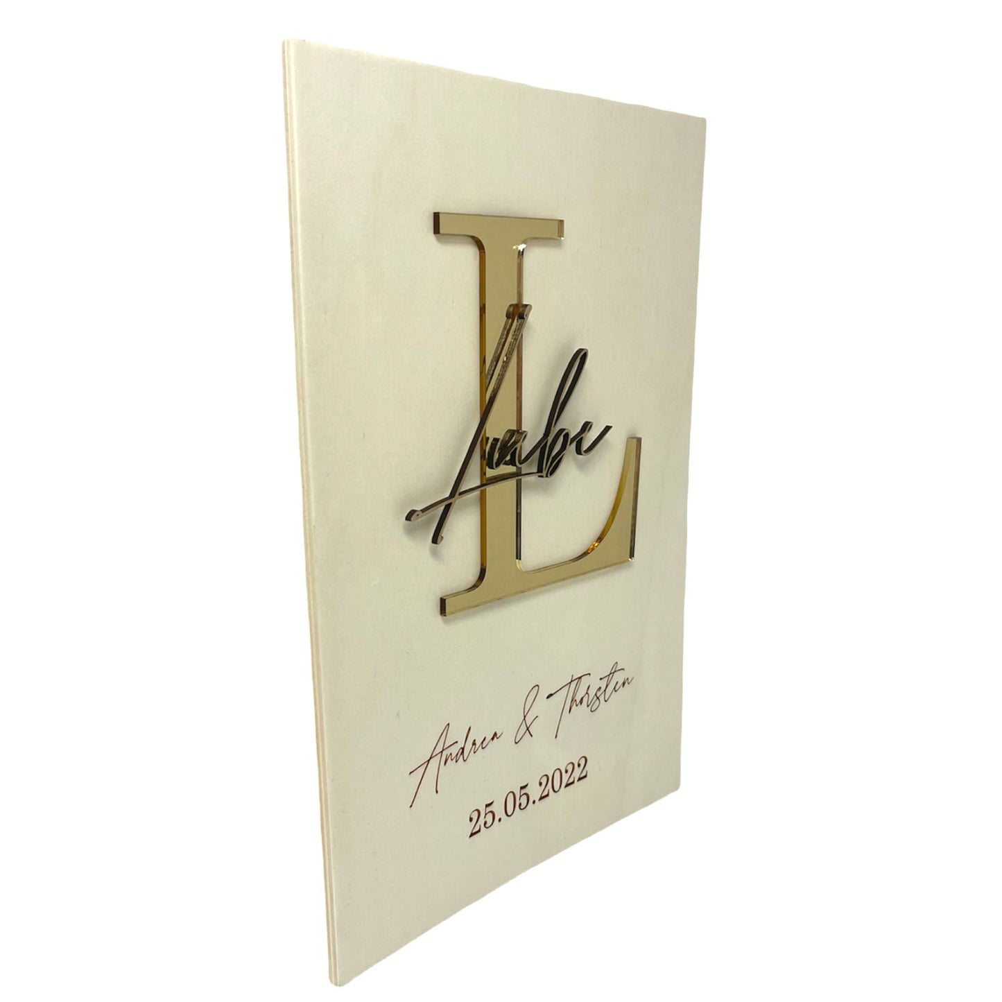 Holzbild A4 mit goldem Buchstaben und Wunschtext
