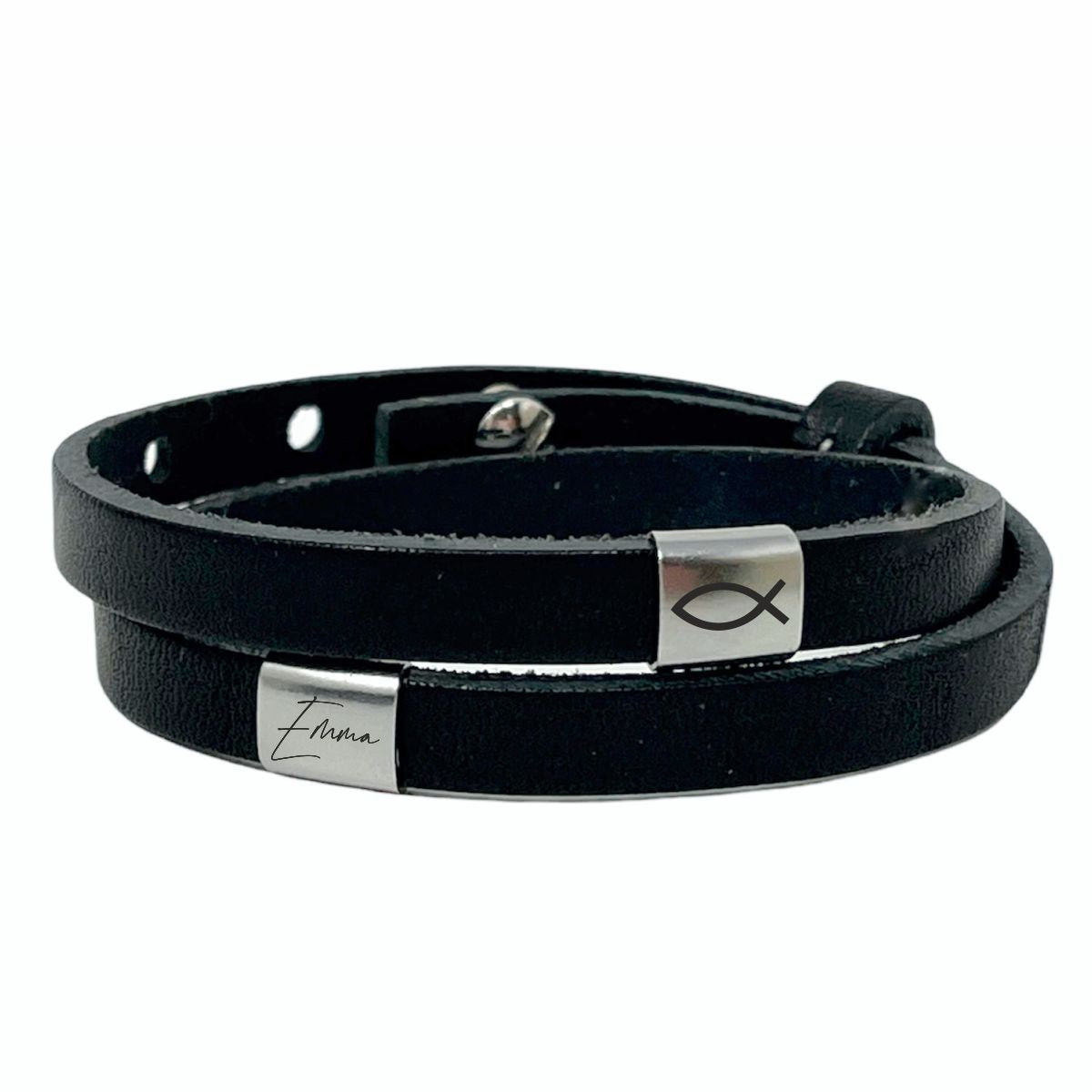 Lederarmband doppelt schwarz mit Fisch und Wunschtext