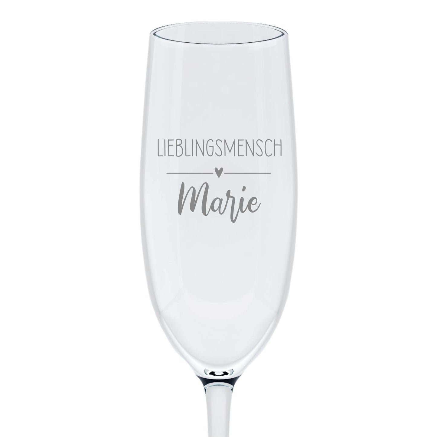 Sektglas mit Wunschtext und Herzchen