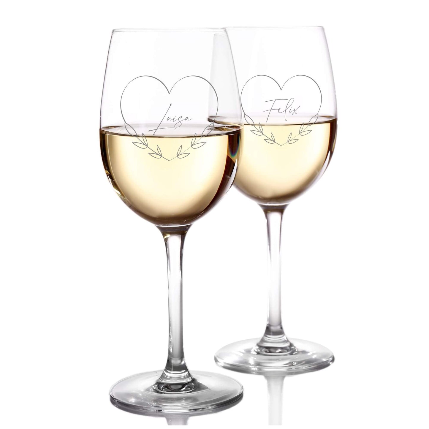 Weinglas Set Herz mit Blumenranke und Wunschtext