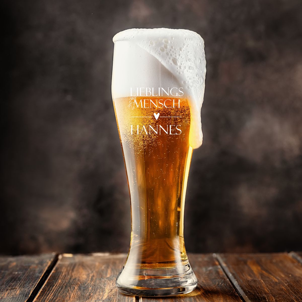 Weizenbierglas mit Herz und Wunschtext