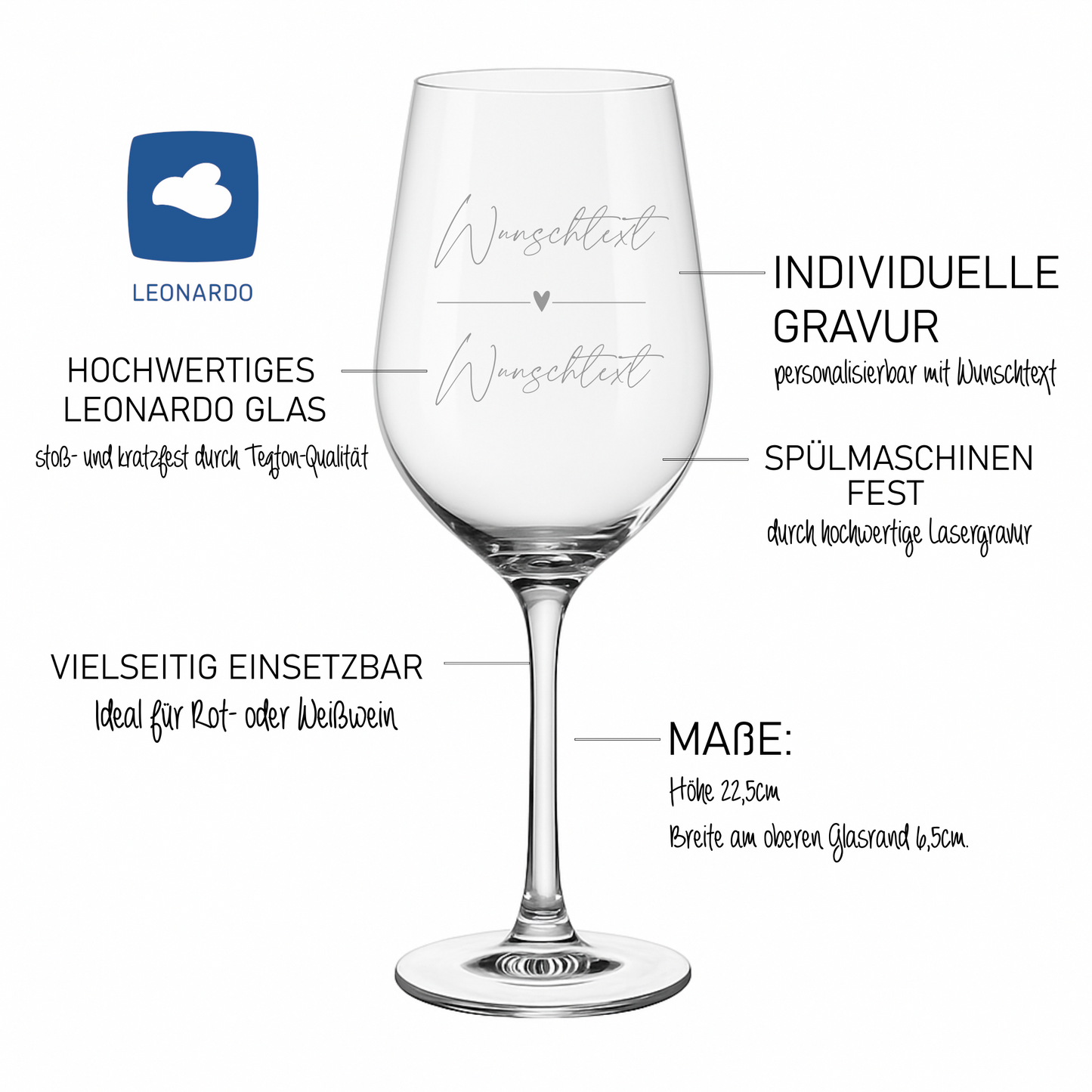 Weinglas mit Wunschtext und Herzchen - Leonardo Glas 460ml Gravur