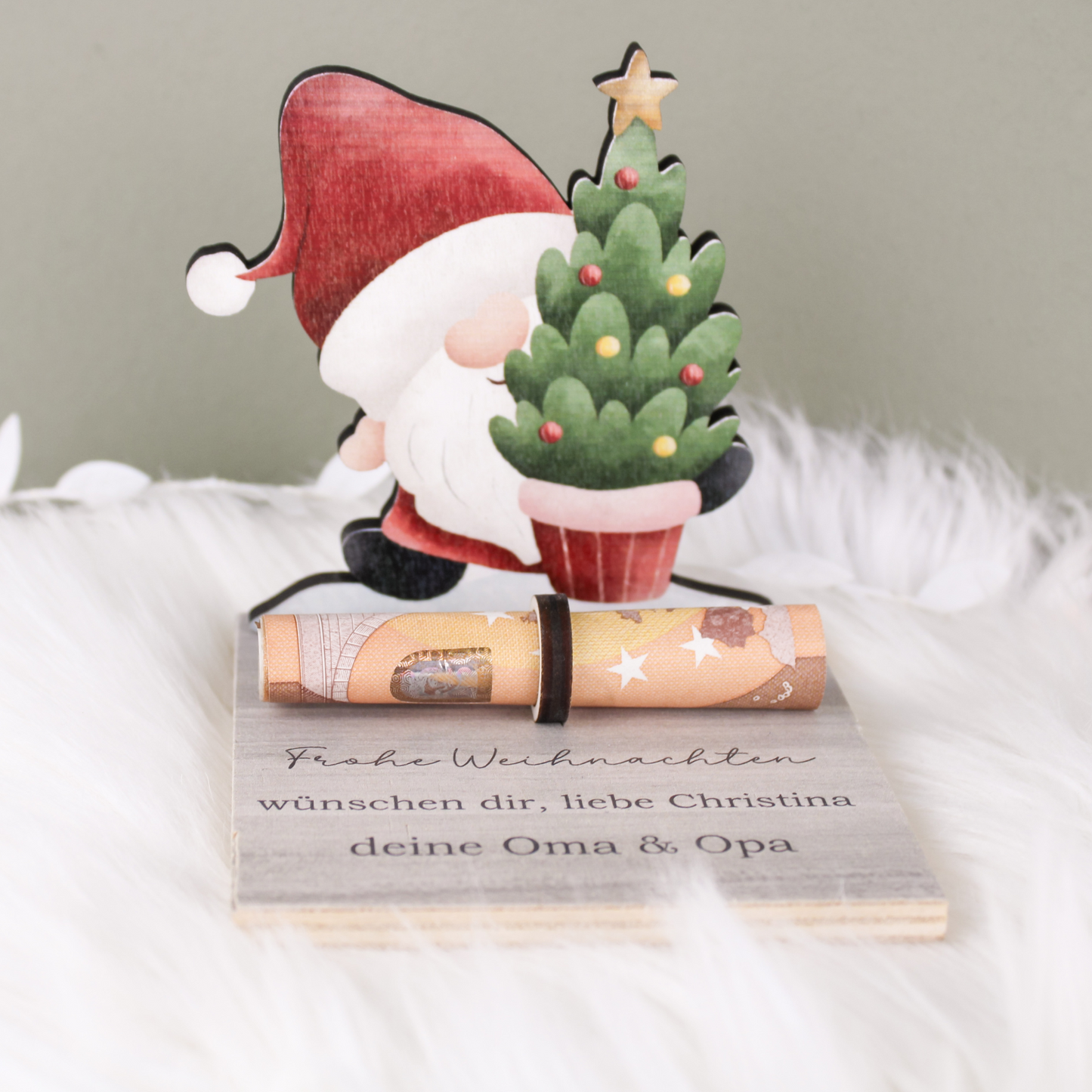 Geldgeschenk Weihnachtsmann aus Holz - mit Wunschtext