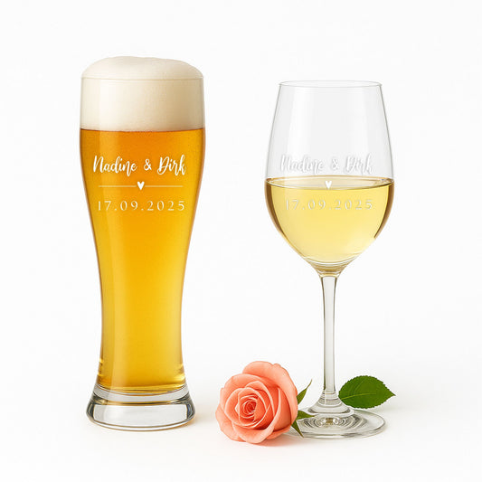 Weinglas und Weizenbierglas Set von Leonardo mit Wunschtext / Wunschgravur