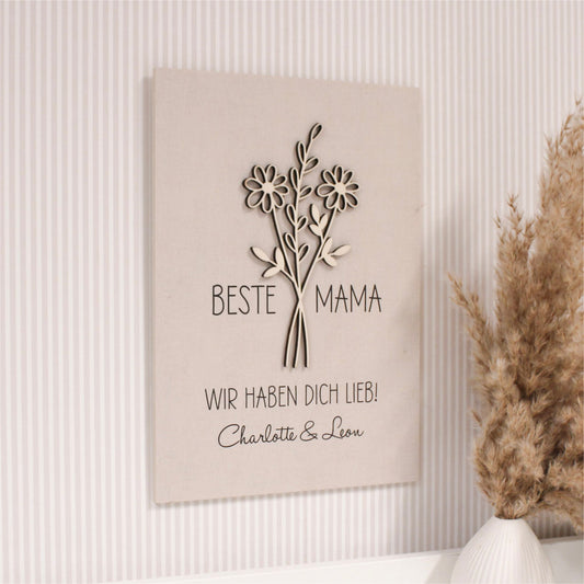 Holzbild A4 mit Blume 3D - Beste Mama mit Wunschtext