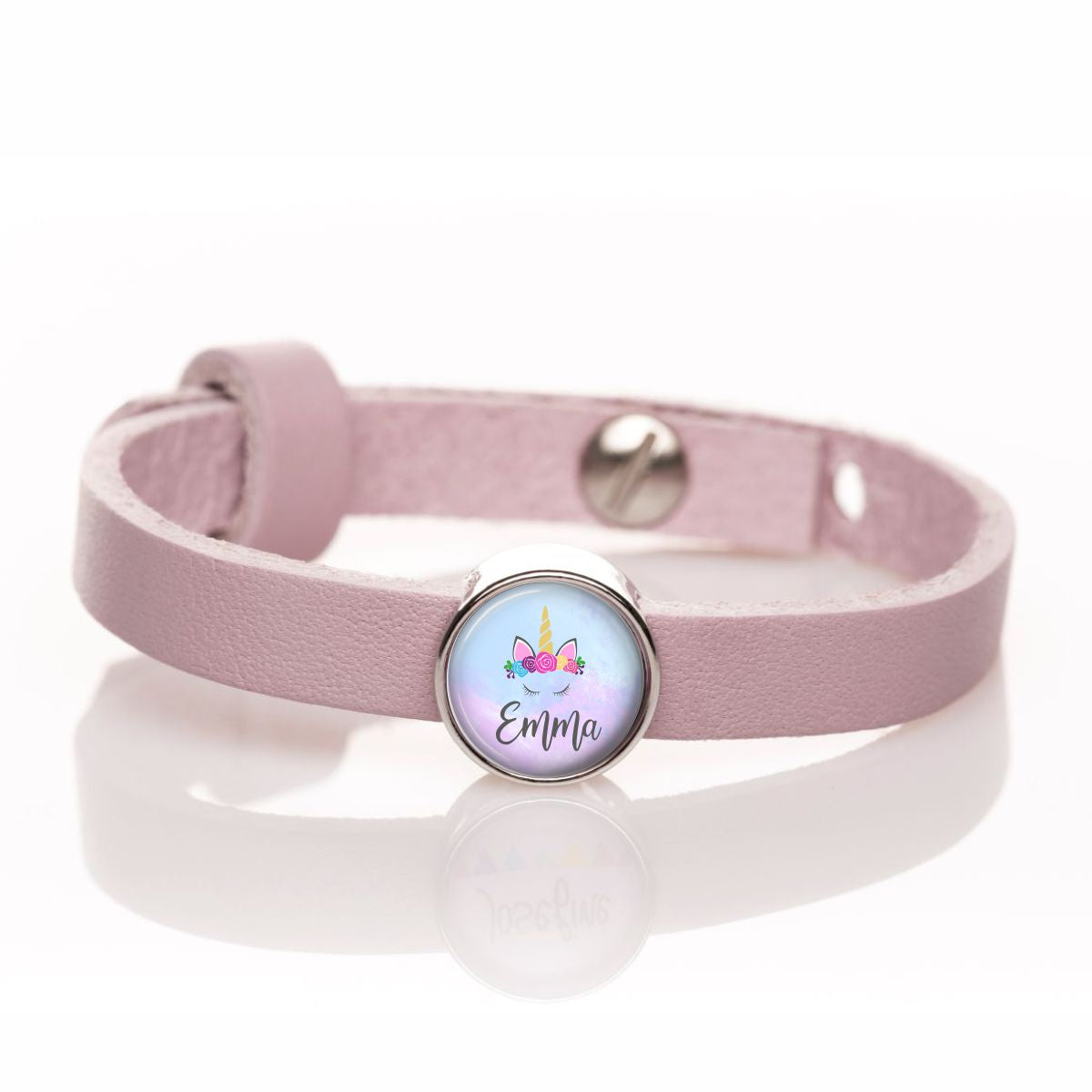 Lederarmband einfach rosa mit Einhorn lila und Wunschtext