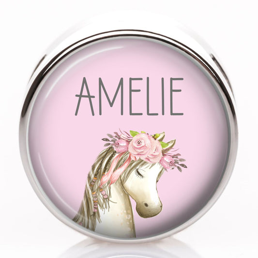 Schiebeperle Pferd rosa mit Blumen mit Wunschtext