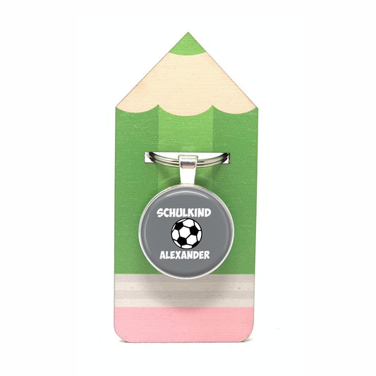 Schlüsselanhänger SCHULKIND Fußball grau mit Wunschtext und Holzkarte Stift