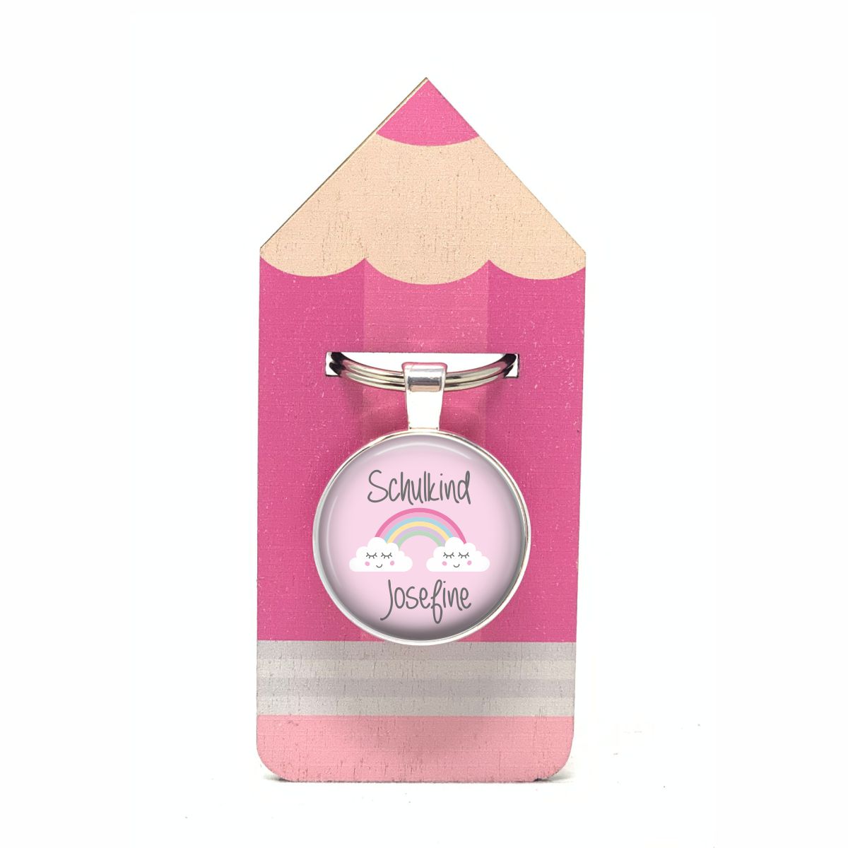 Schlüsselanhänger SCHULKIND Regenbogen rosa mit Wunschtext Holzkarte Stift