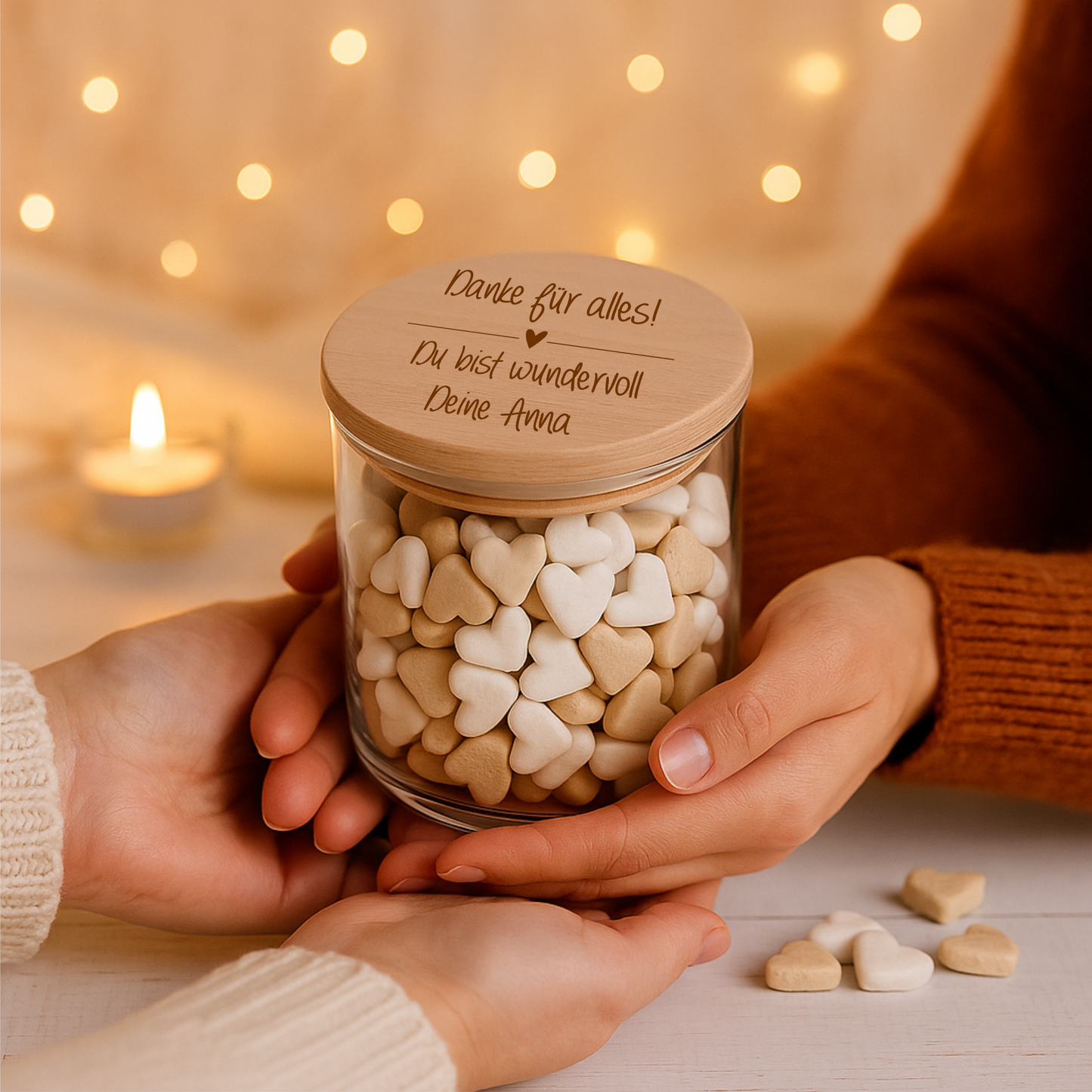 Vorratsglas 530ml mit Holzdeckel - mit deiner WUNSCHGRAVUR Strich und Herz