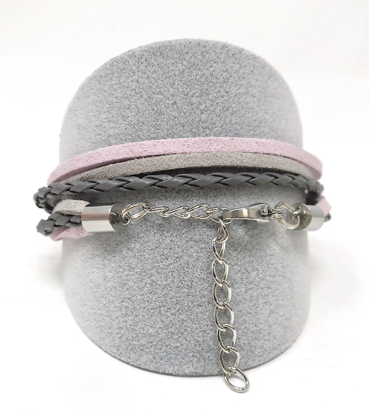 Wickelarmband rosa grau mit drei Schiebeperlen mit Wunschtext