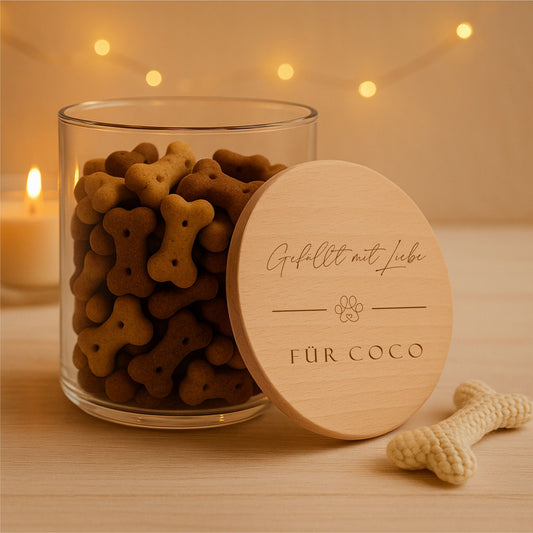Leckerliglas Hund mit Gravur 530 ml–  Vorratsglas mit Holzdeckel Hundepfote Strich & Wunschtext