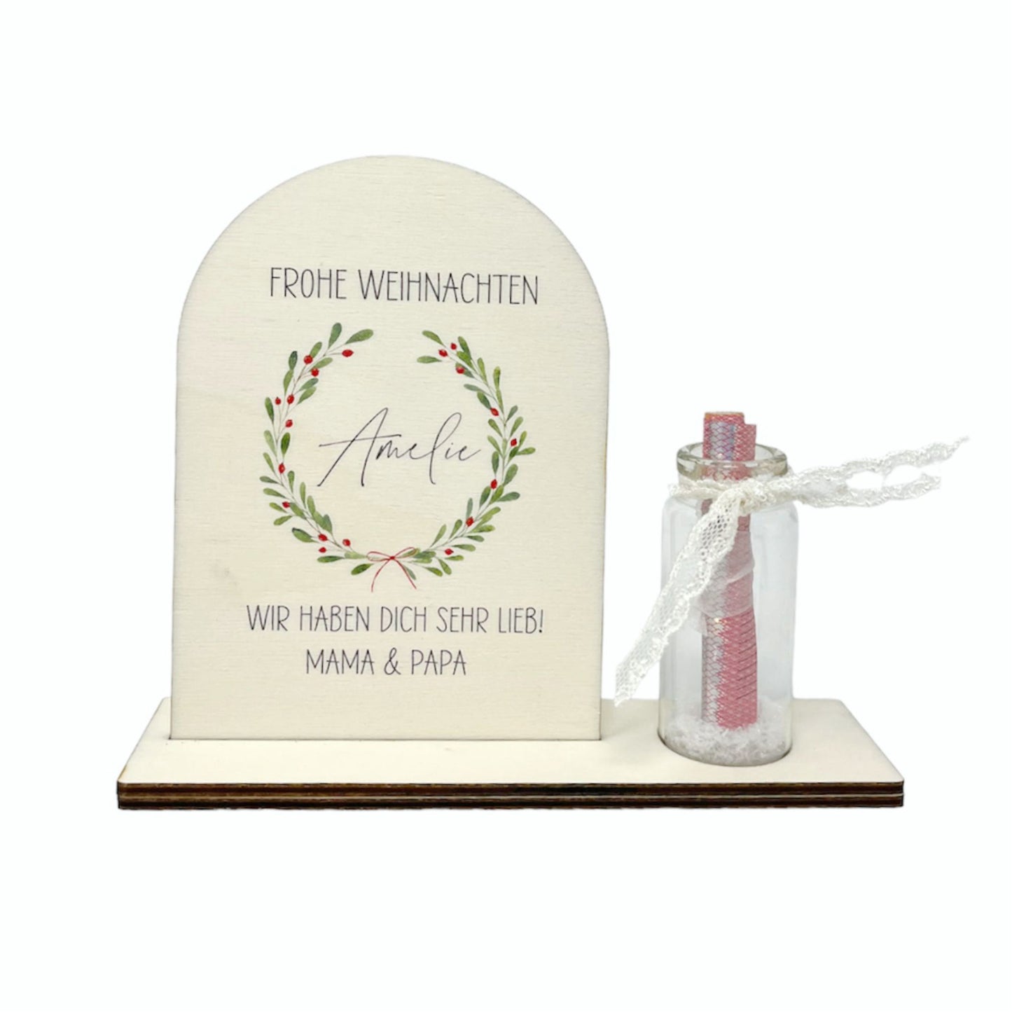 Geldgeschenk zu Weihnachten aus Holz bedruckt mit Gläschen und Wunschtext